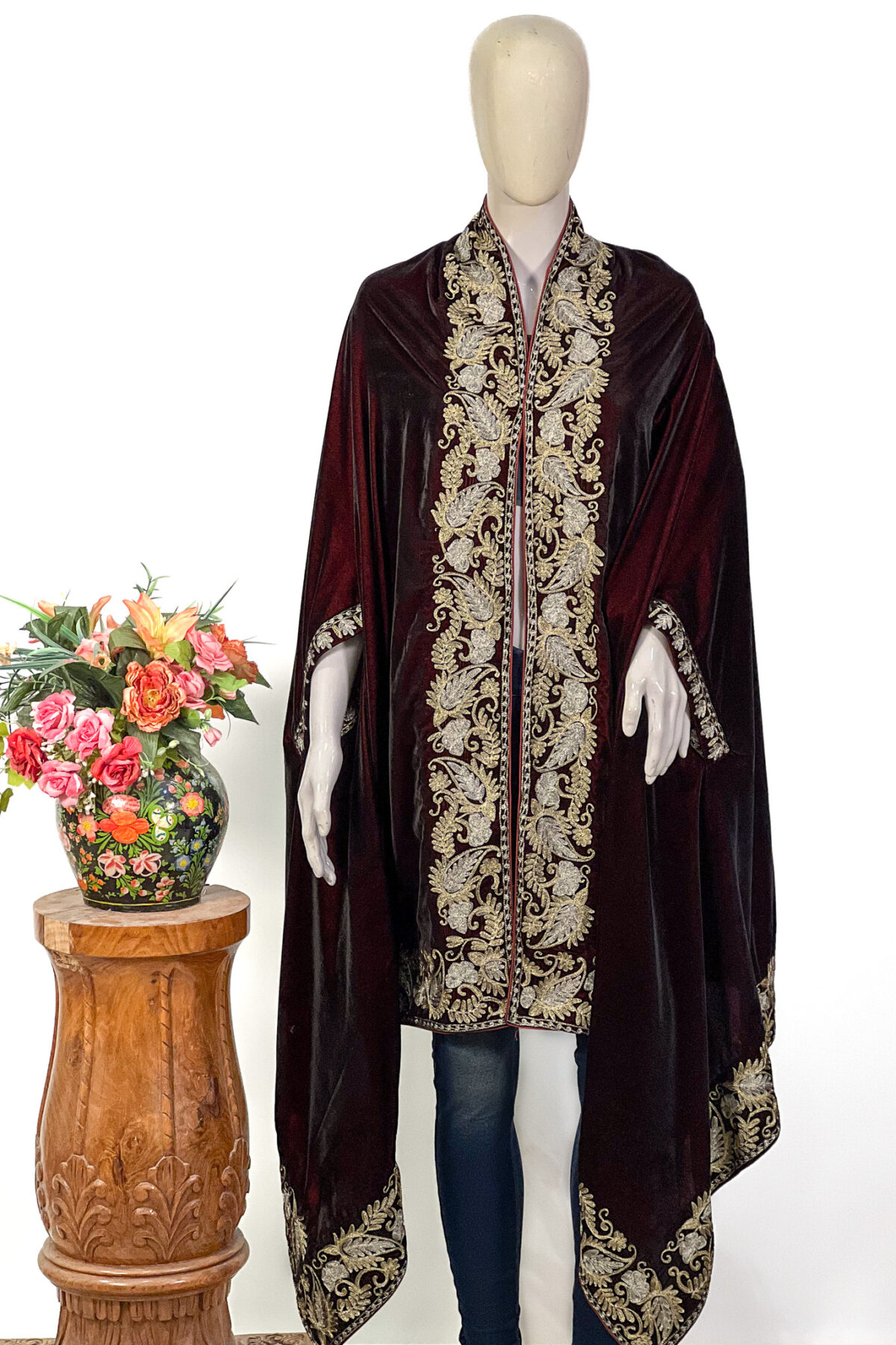 Fine Velvet Kashmiri Women Cape Shawl with Tilla Embroidery