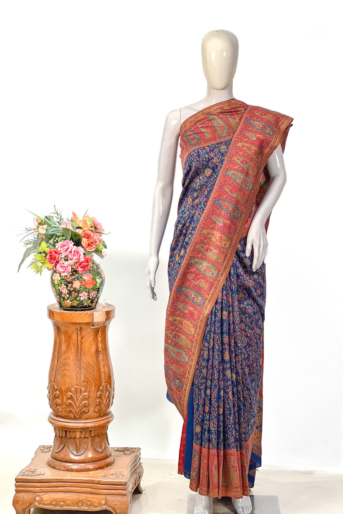Modal Silk Navy Blue Kani Saree With Floral Pattern