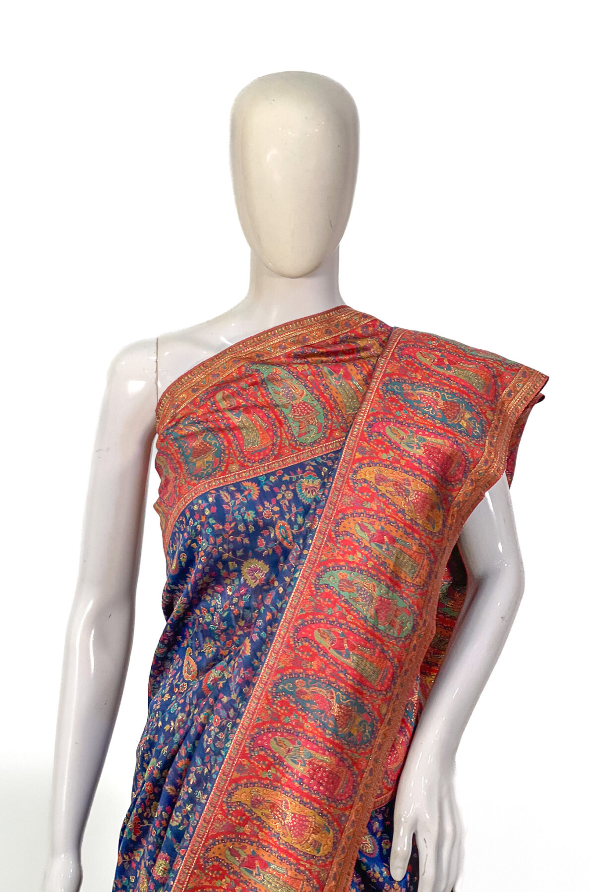 Modal Silk Navy Blue Kani Saree With Floral Pattern