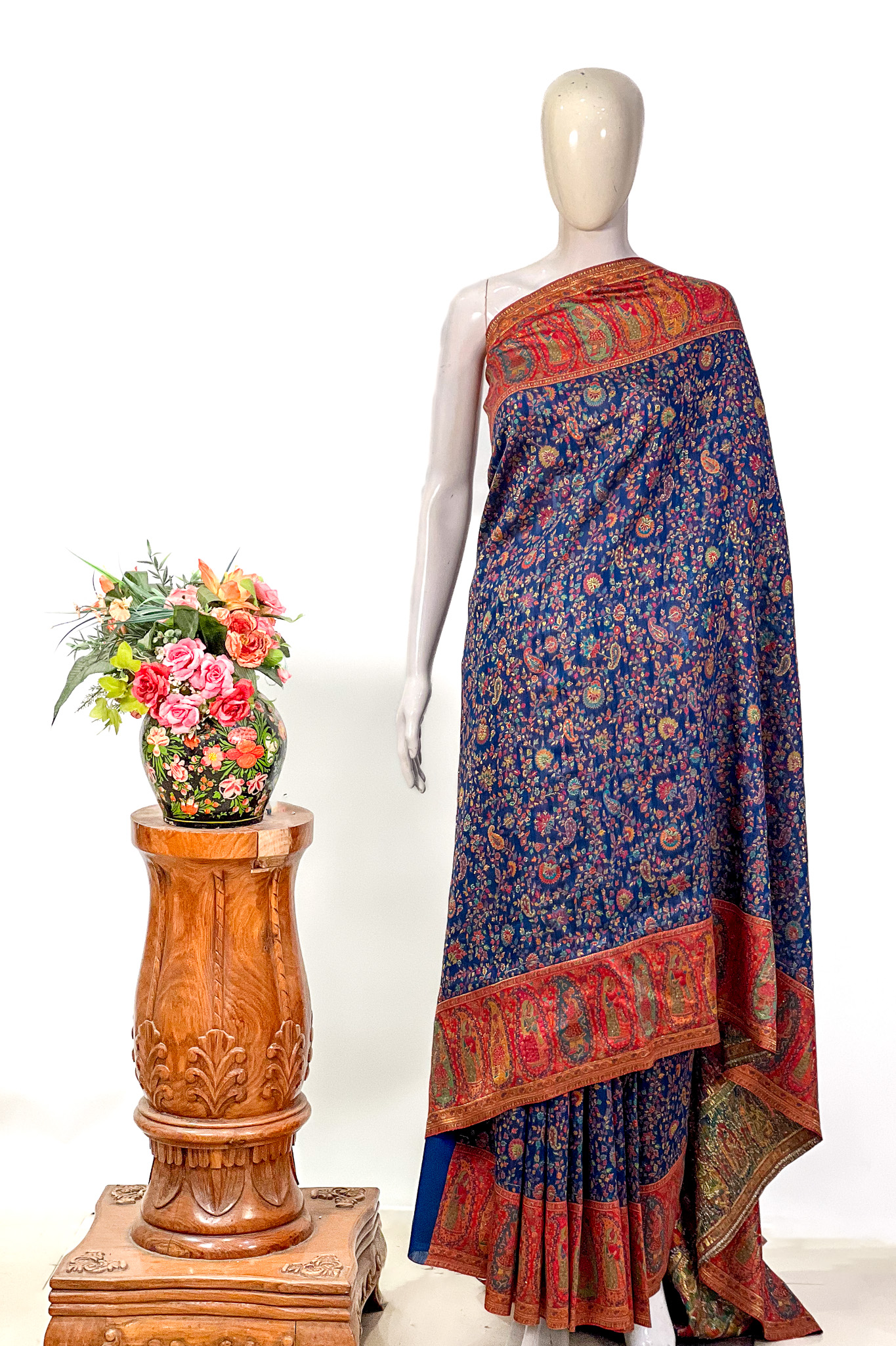 Modal Silk Navy Blue Kani Saree With Floral Pattern