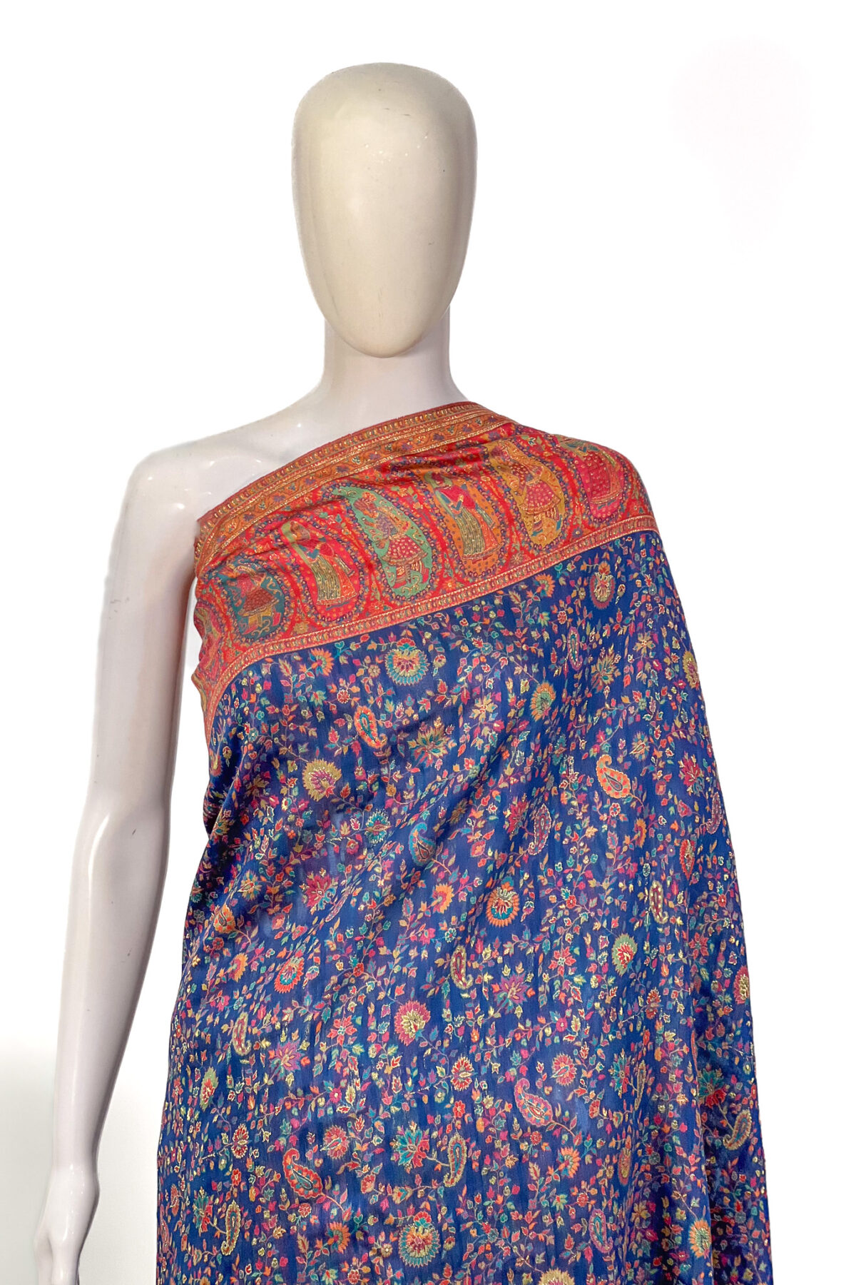 Modal Silk Navy Blue Kani Saree With Floral Pattern