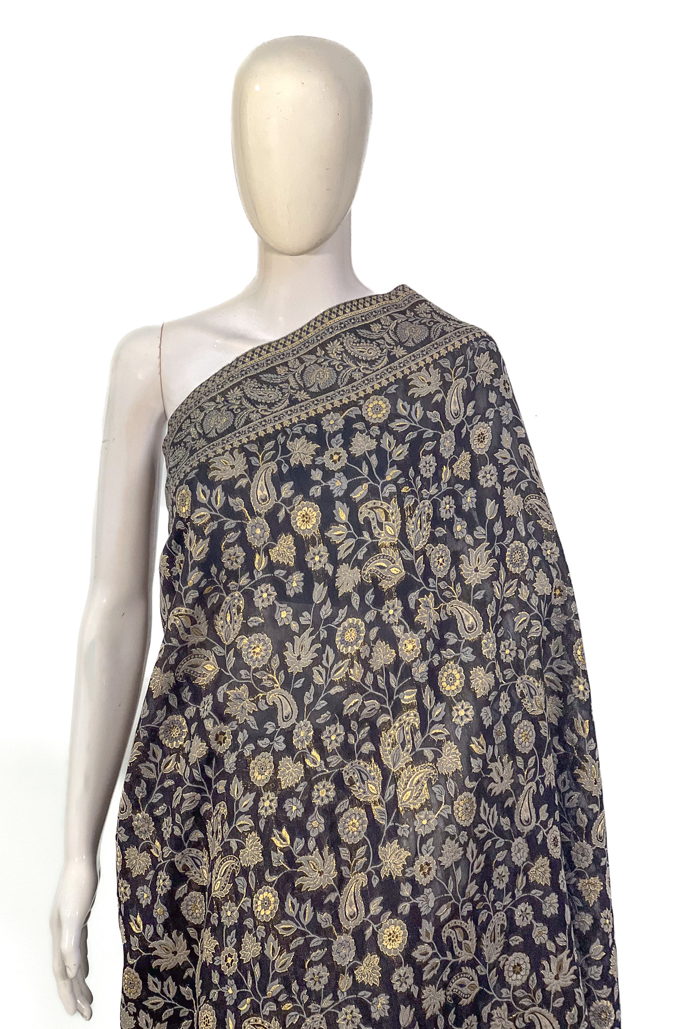 Black Women Modal Silk Kani Saree With Floral Pattern
