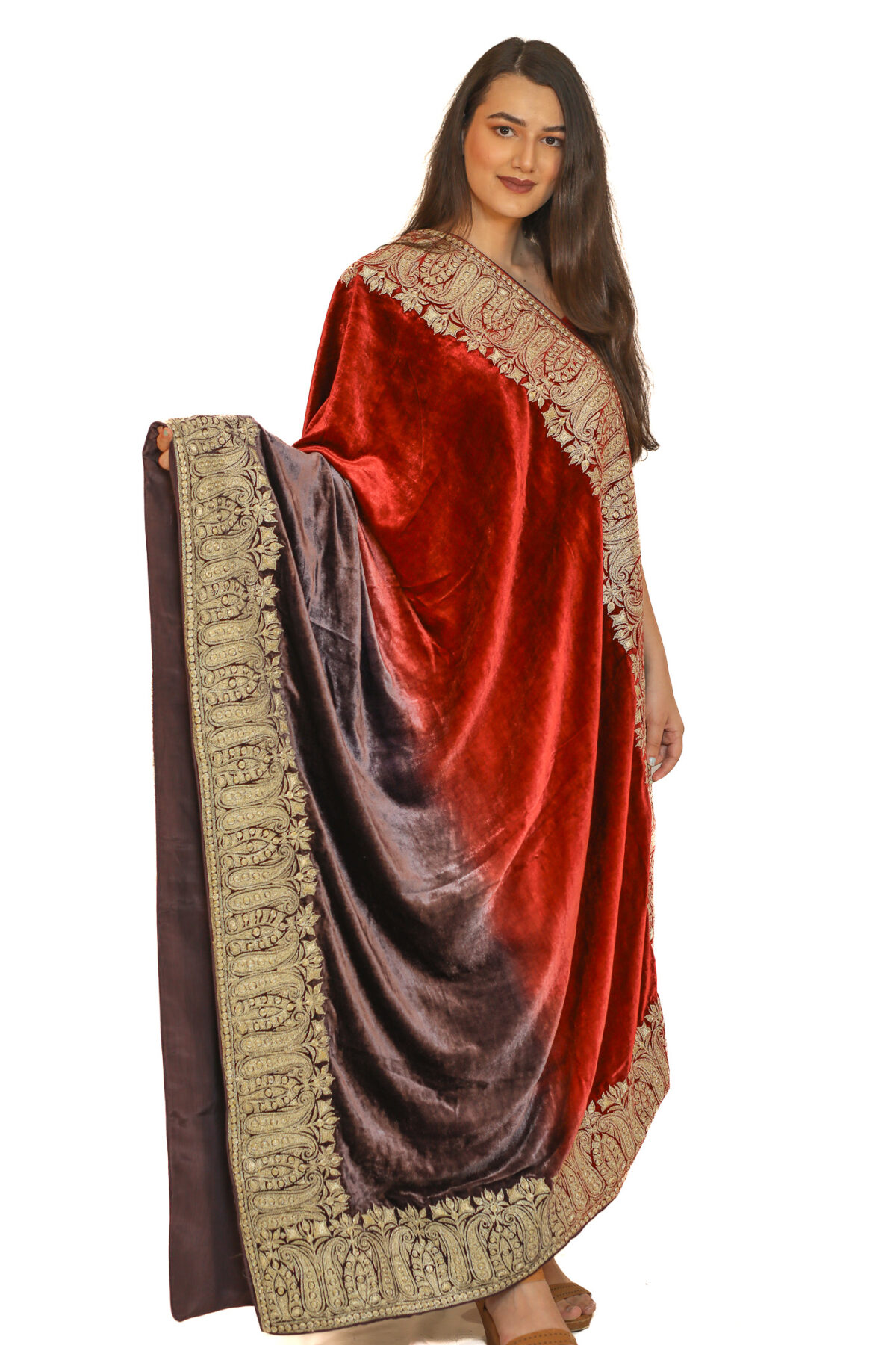 Silk Velvet Ombre Shade Shawl with Kashmiri Tilla Embroidery