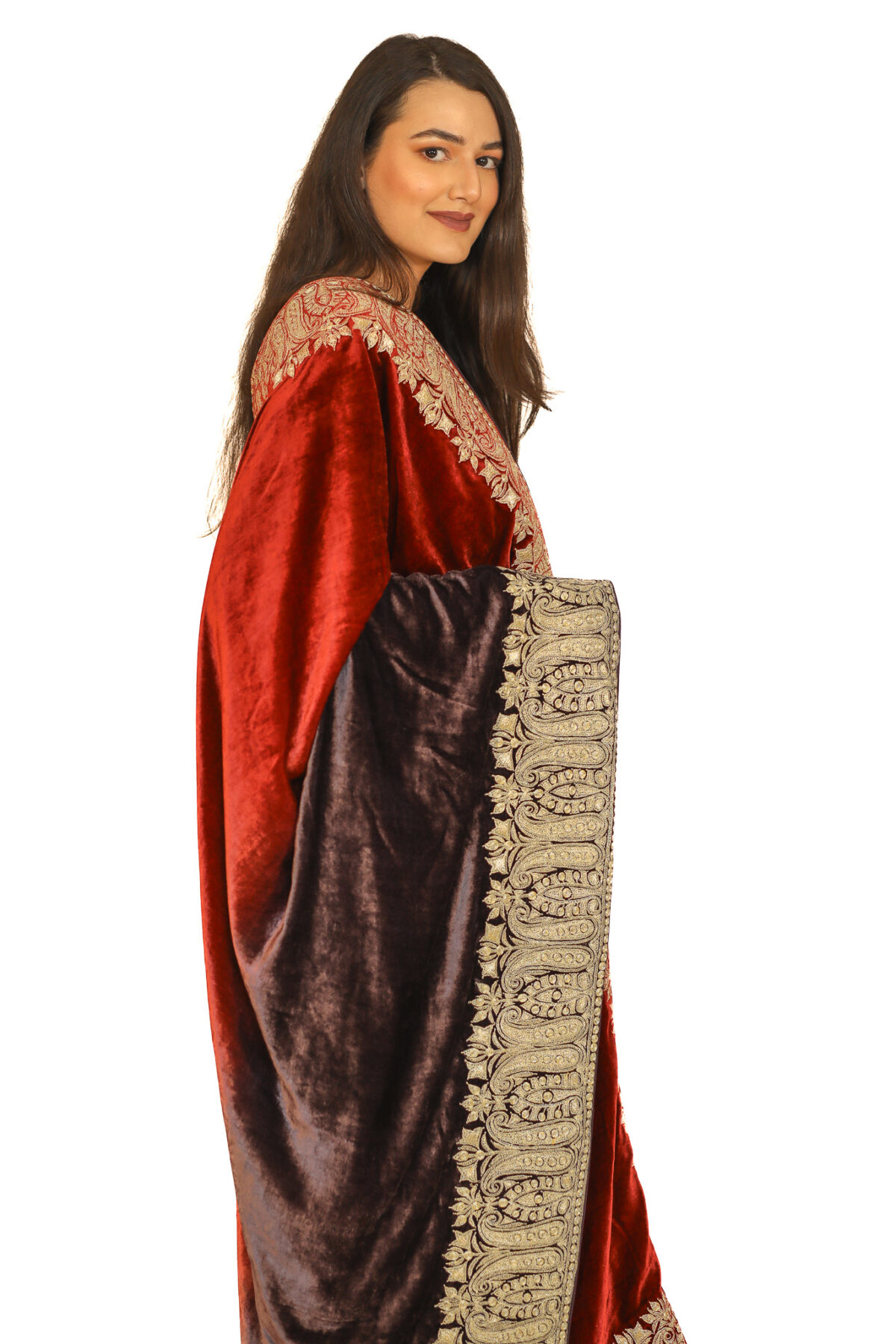 Silk Velvet Ombre Shade Shawl with Kashmiri Tilla Embroidery