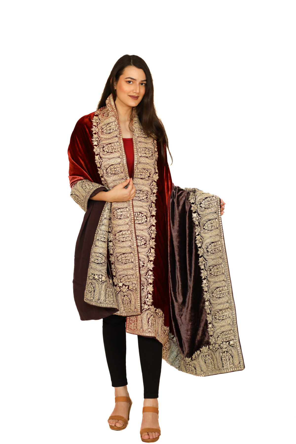 Silk Velvet Ombre Shade Shawl with Kashmiri Tilla Embroidery