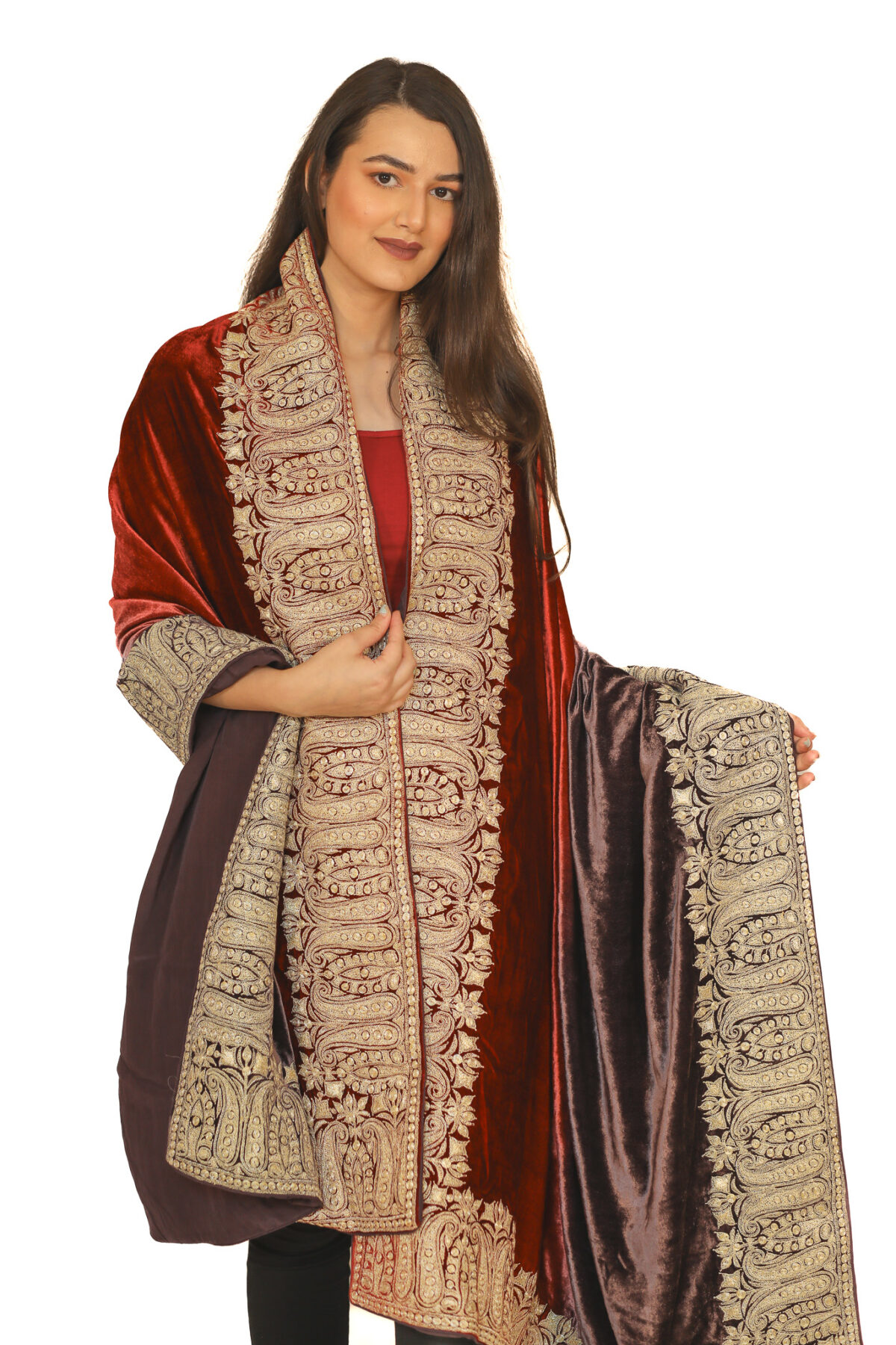 Silk Velvet Ombre Shade Shawl with Kashmiri Tilla Embroidery