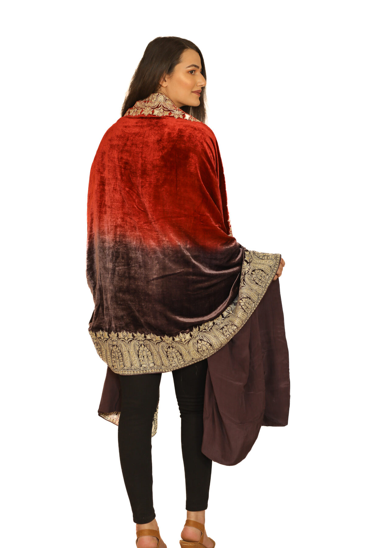 Silk Velvet Ombre Shade Shawl with Kashmiri Tilla Embroidery