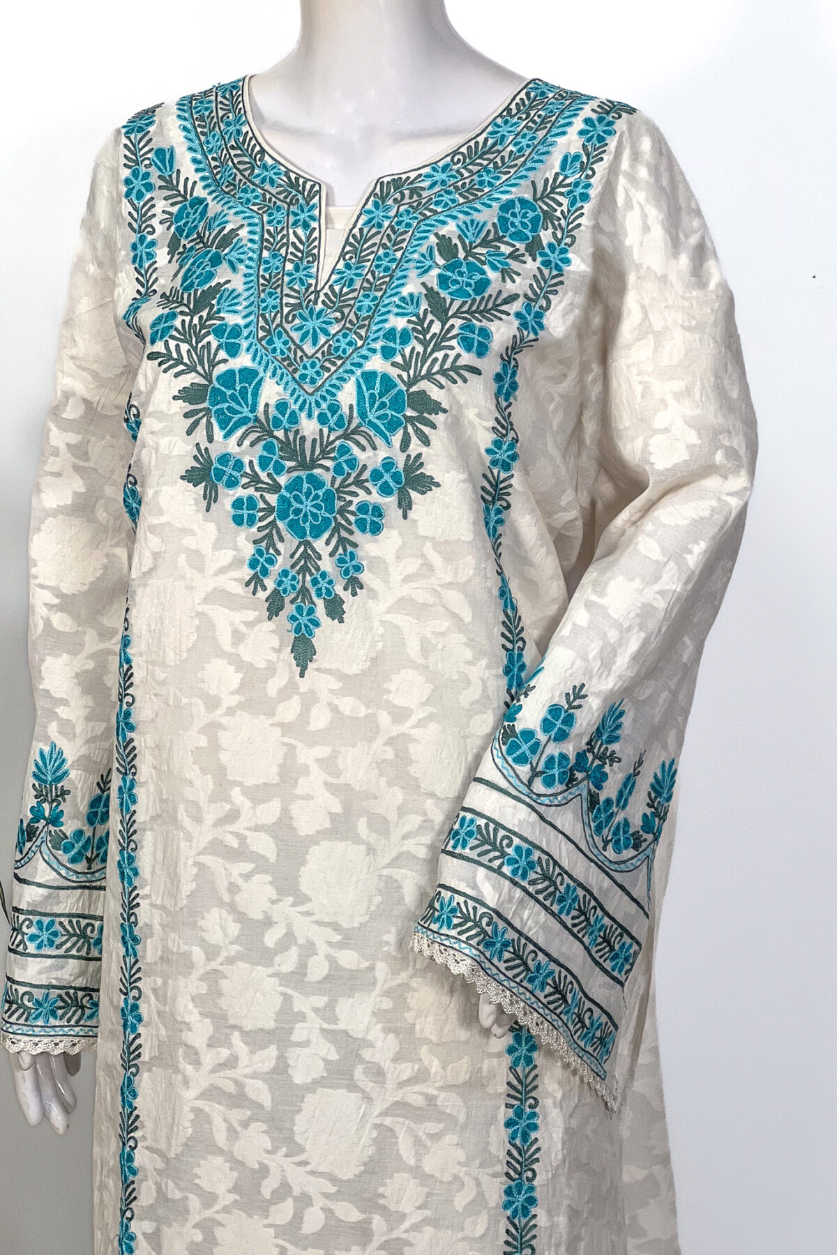 Green Women Kashmiri Cotton Salwar Suit with Aari Embroidery