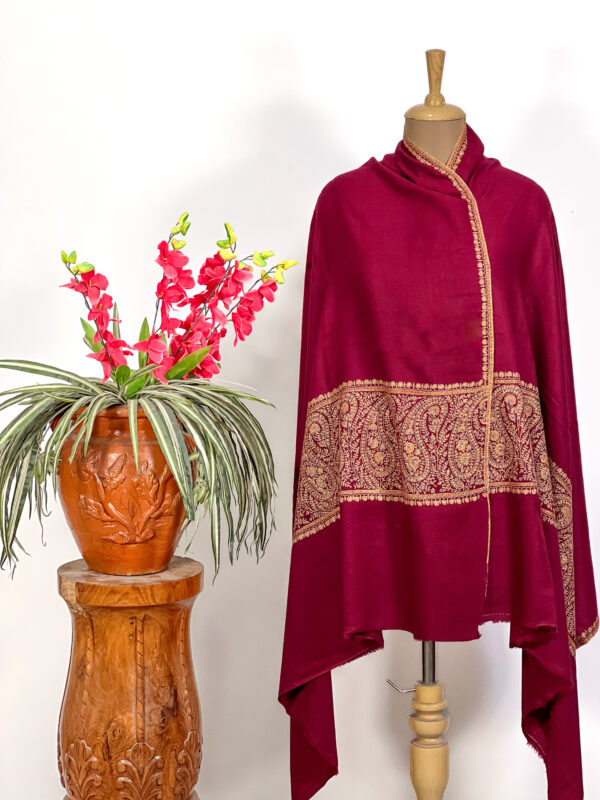 Maroon Pure Pashmina Shawl With Sozni Hand Embroidery