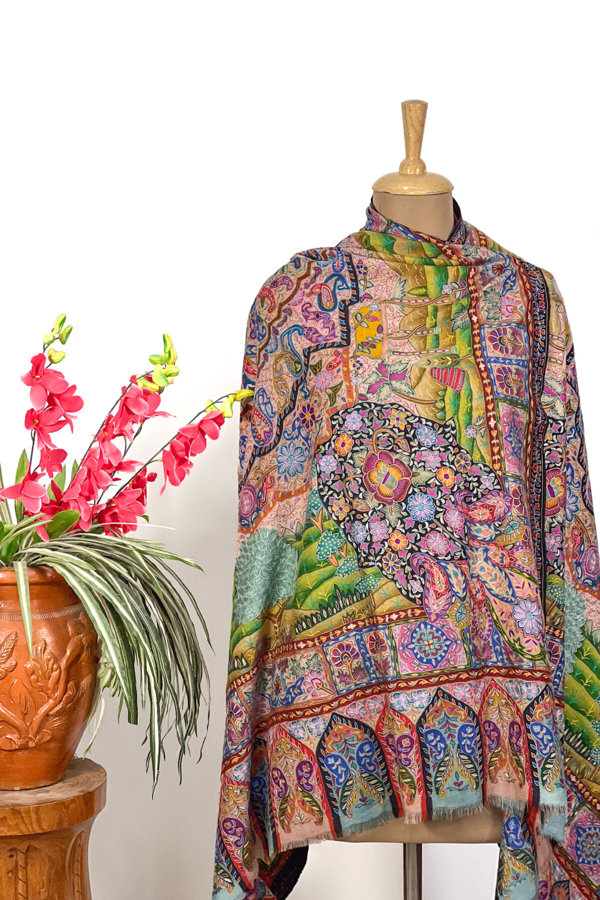 Kalamkari Multi Colour Pure Pashmina Shawl with Artistic Hand Embroidery