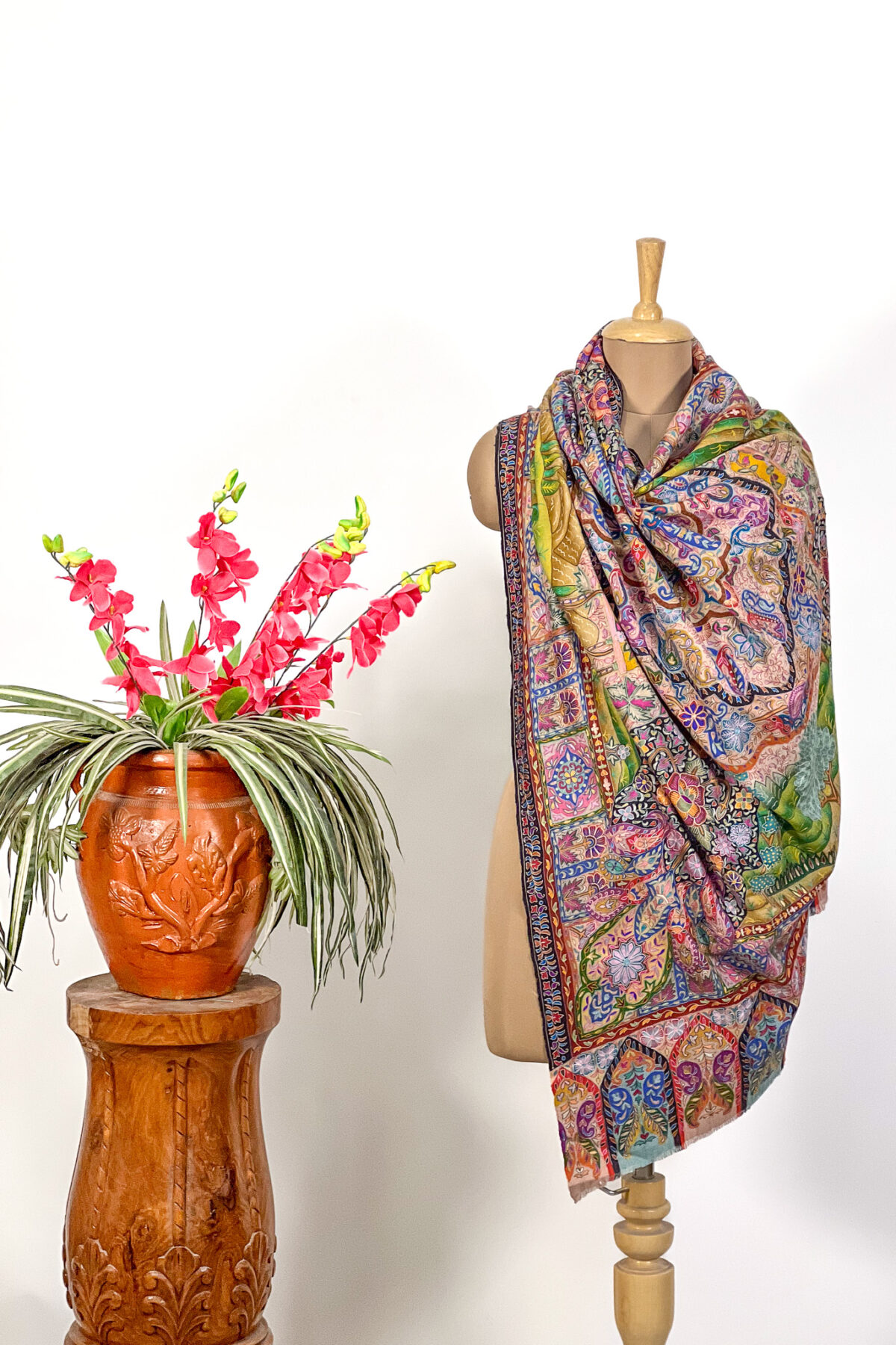 Kalamkari Multi Colour Pure Pashmina Shawl with Artistic Hand Embroidery