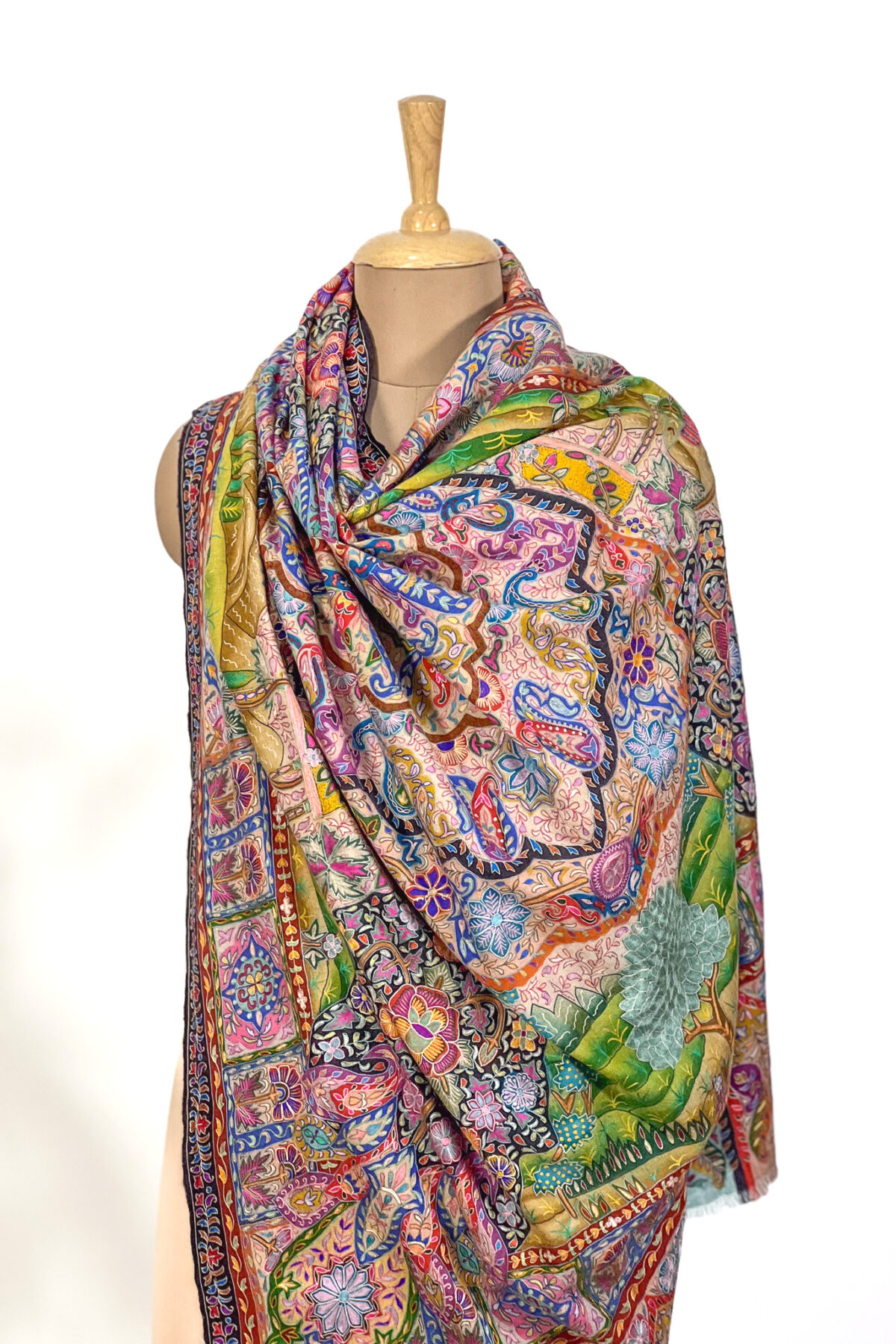 Kalamkari Multi Colour Pure Pashmina Shawl with Artistic Hand Embroidery