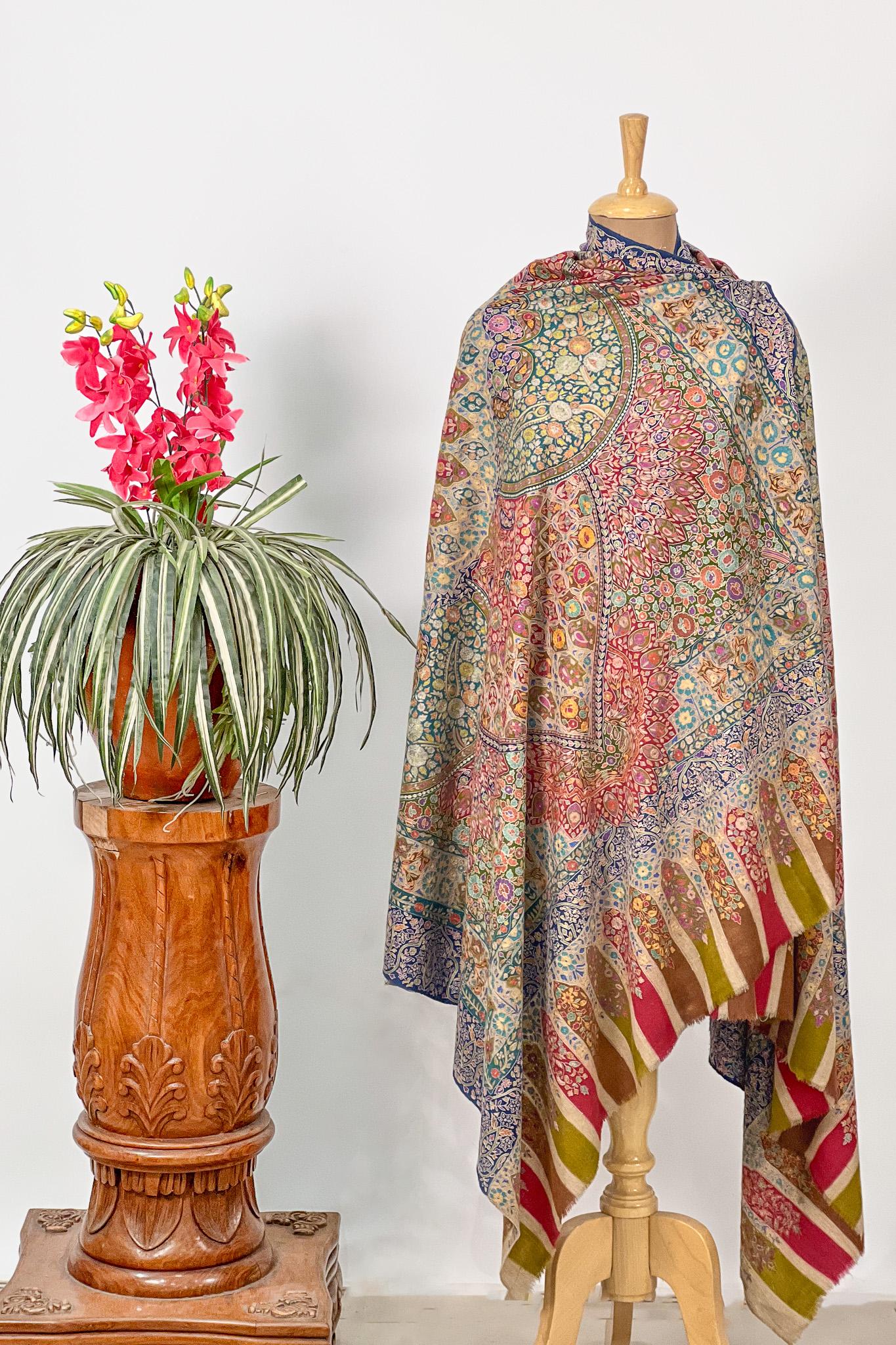 Pure Pashmina Kalamkari Multi Colour Shawl with Artistic Hand Embroidery