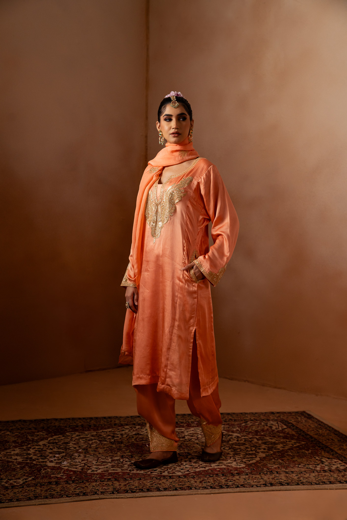Kashmiri Phiran Style Salwar Suit with Gold Puff Tilla Embroidery
