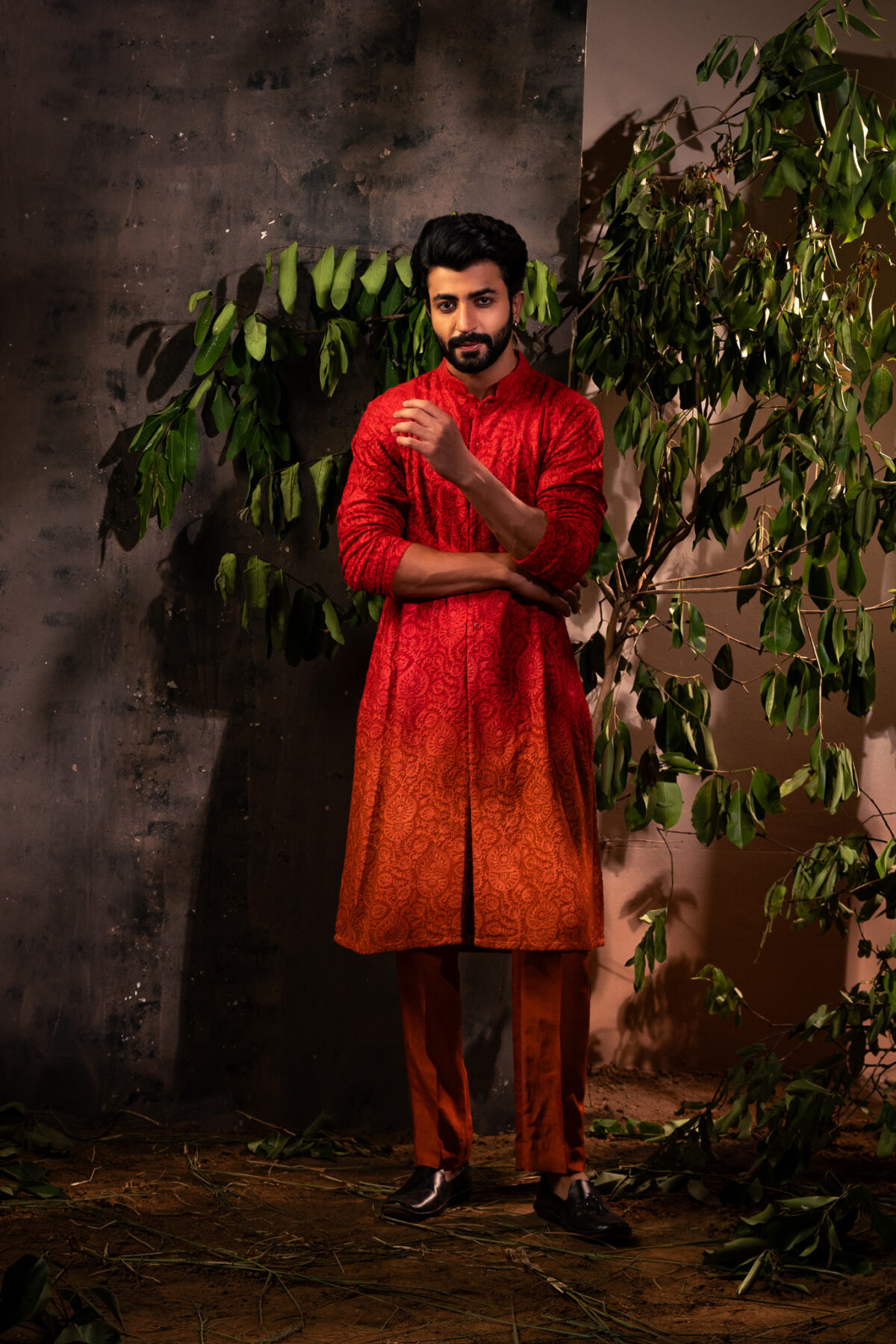 Regal Crimson: Men Ombre Kurta Pyjama
