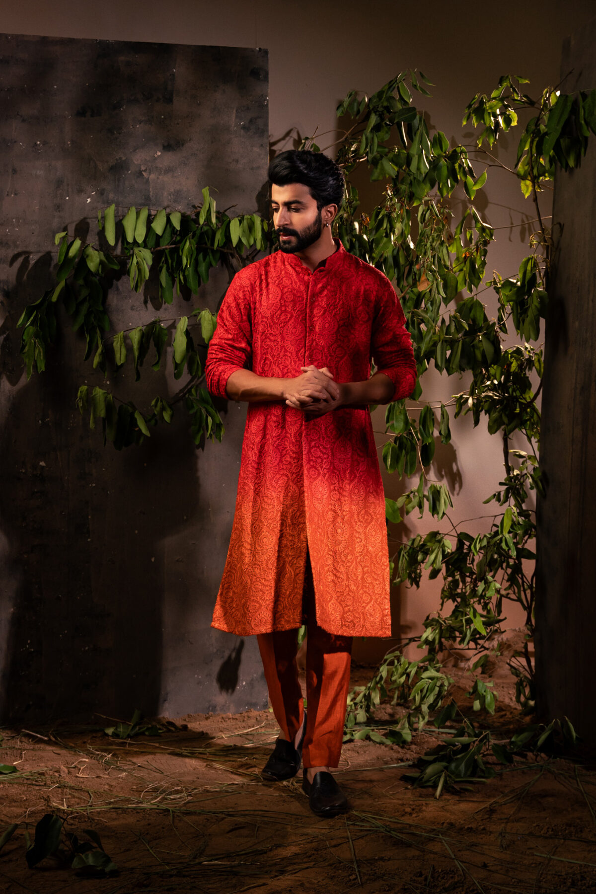 Regal Crimson: Men Ombre Kurta Pyjama