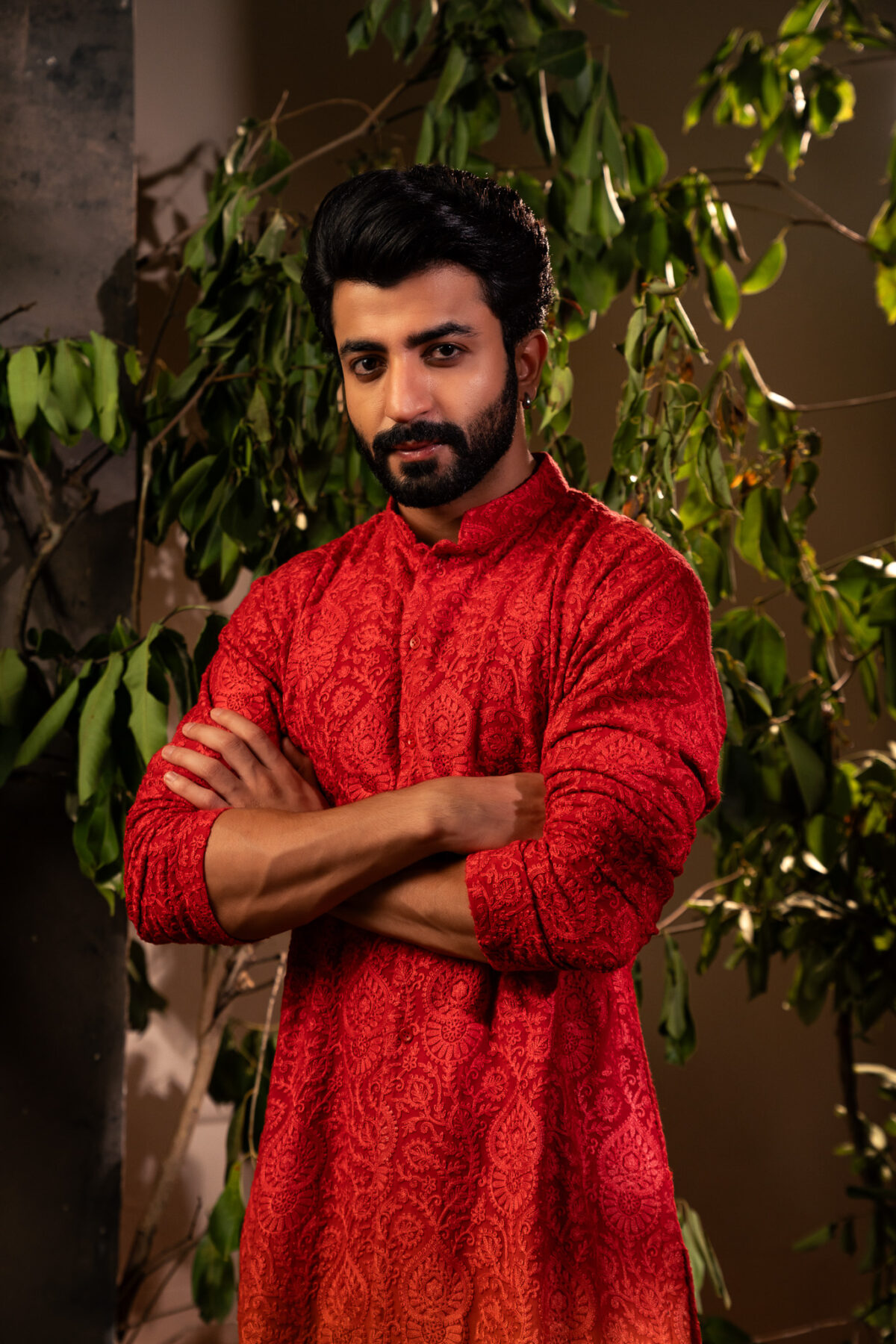 Regal Crimson: Men Ombre Kurta Pyjama