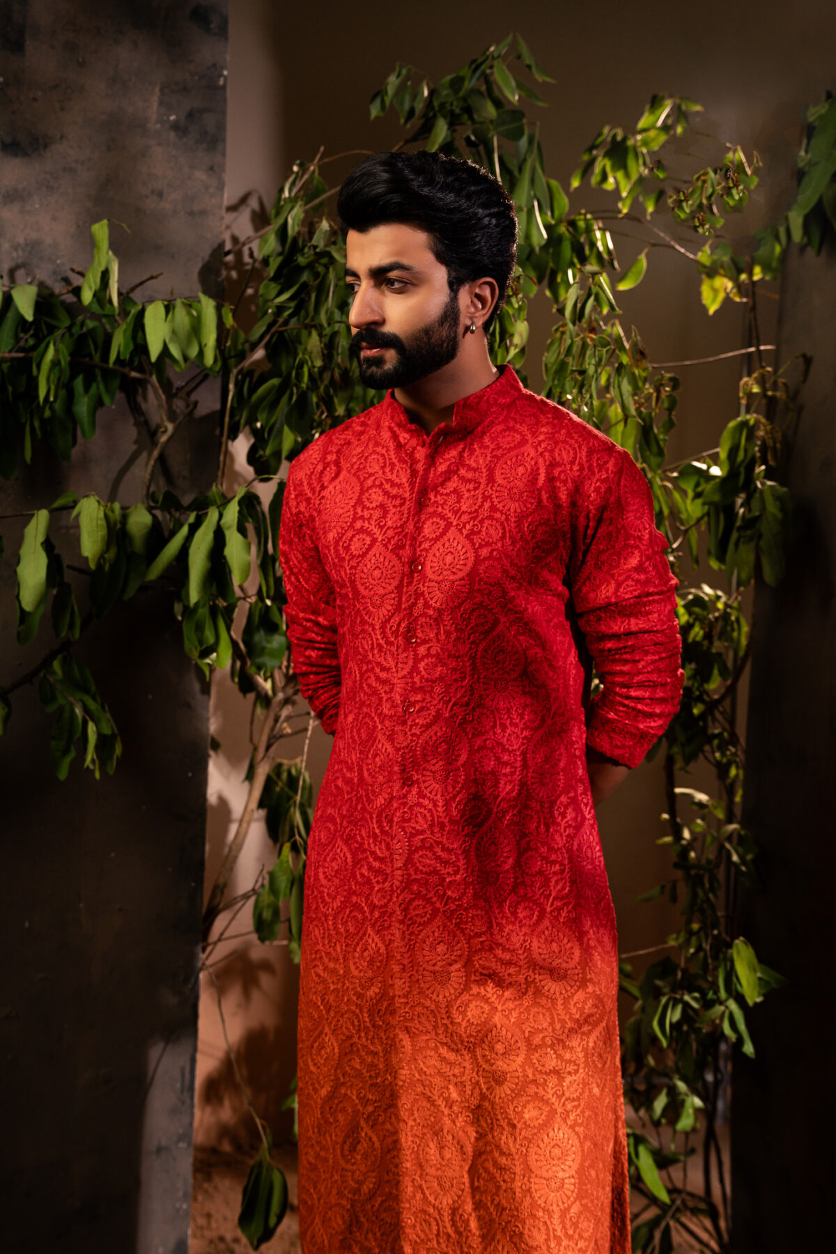 Regal Crimson: Men Ombre Kurta Pyjama