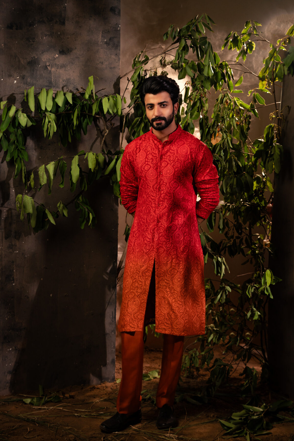 Regal Crimson: Men Ombre Kurta Pyjama