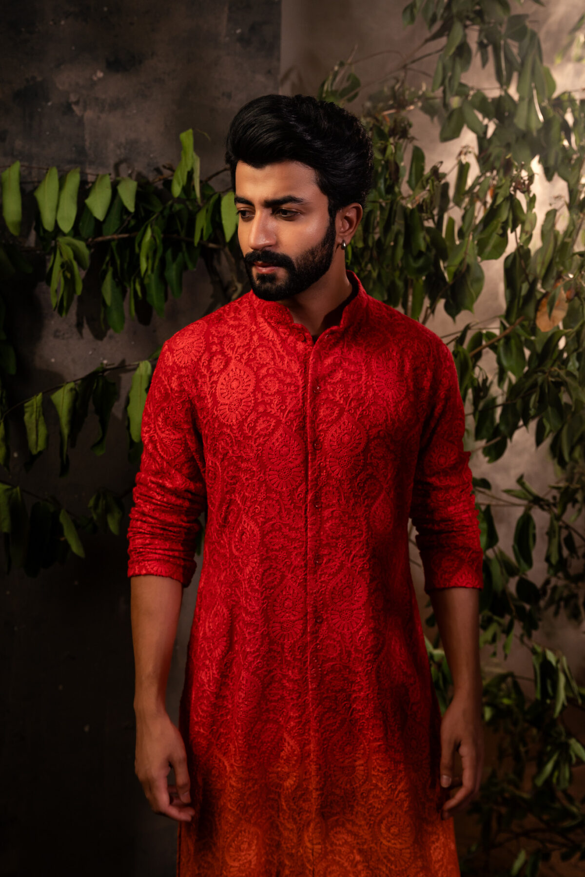 Regal Crimson: Men Ombre Kurta Pyjama