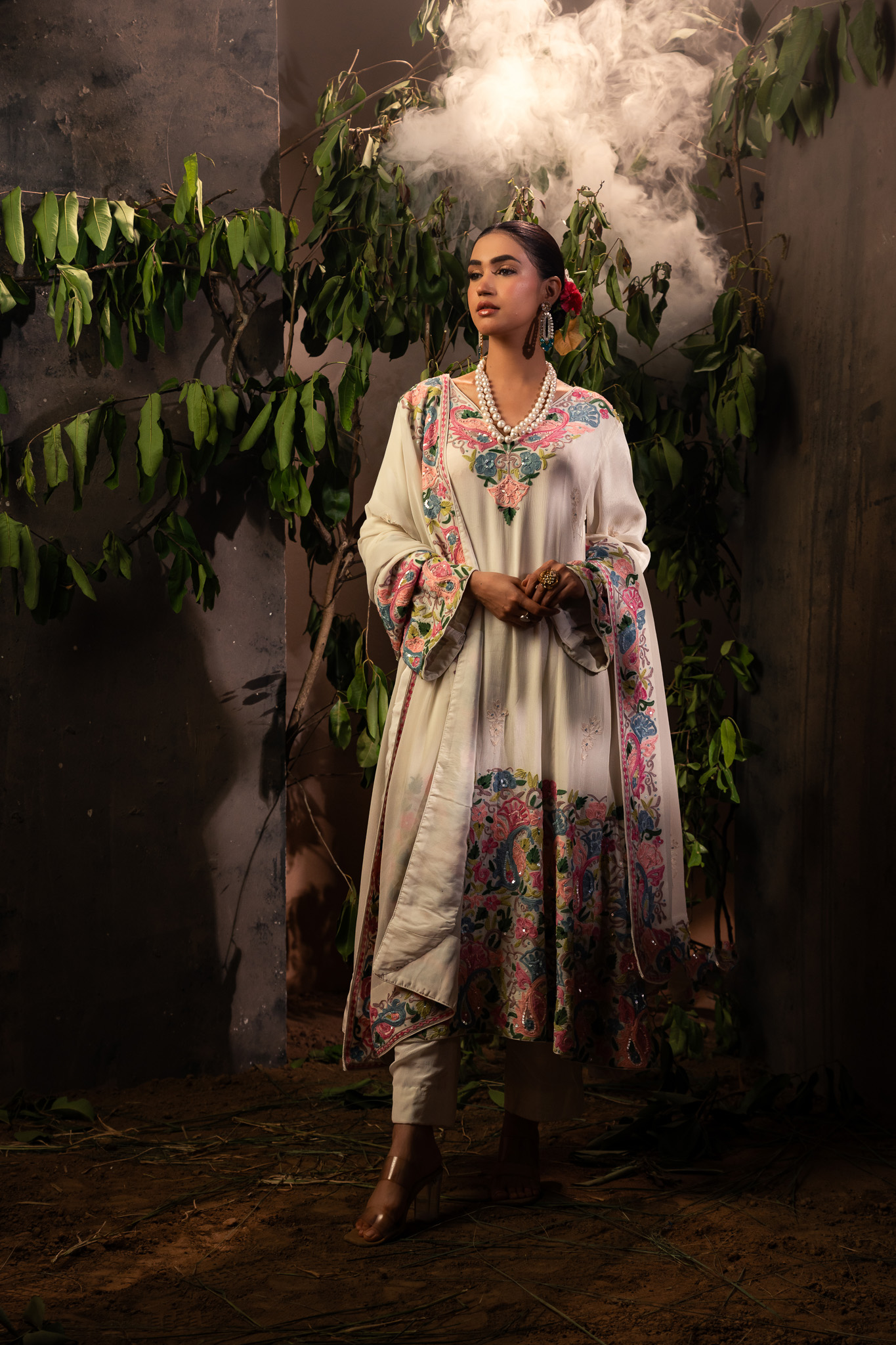 Paisley Twilight: Women White Anarkali Suit