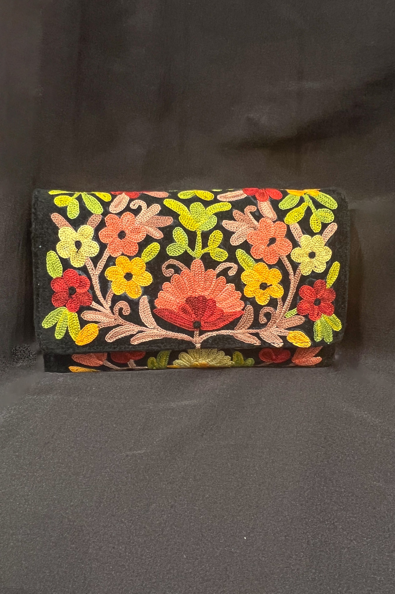 Kashmiri Velvet Black Aari Embroidered Women Clutch Bag