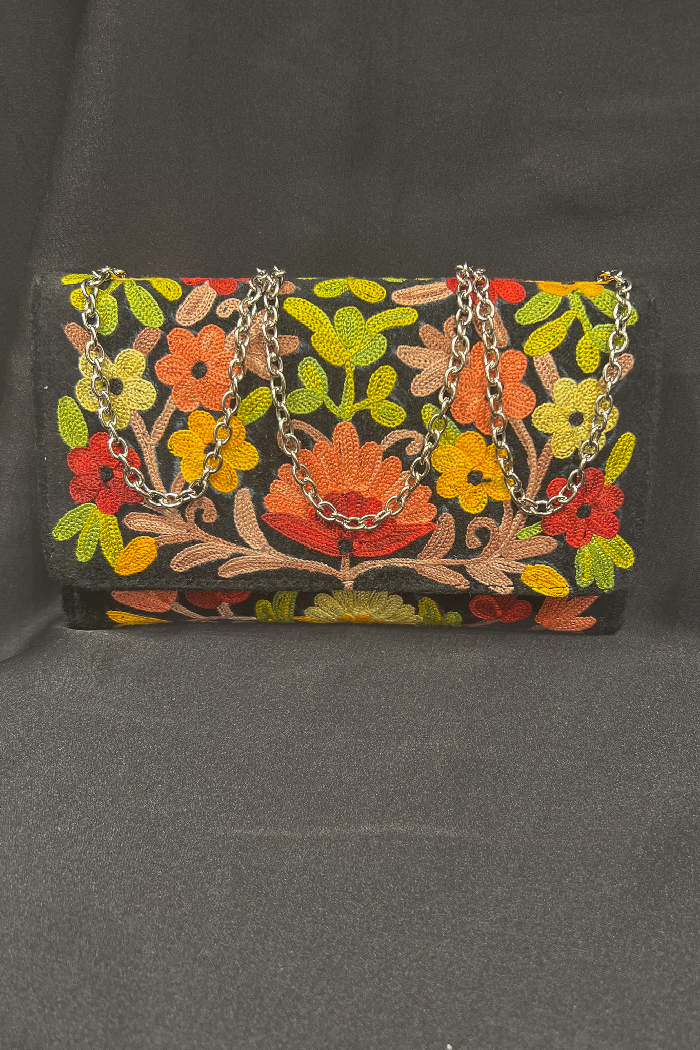 Kashmiri Velvet Black Aari Embroidered Women Clutch Bag