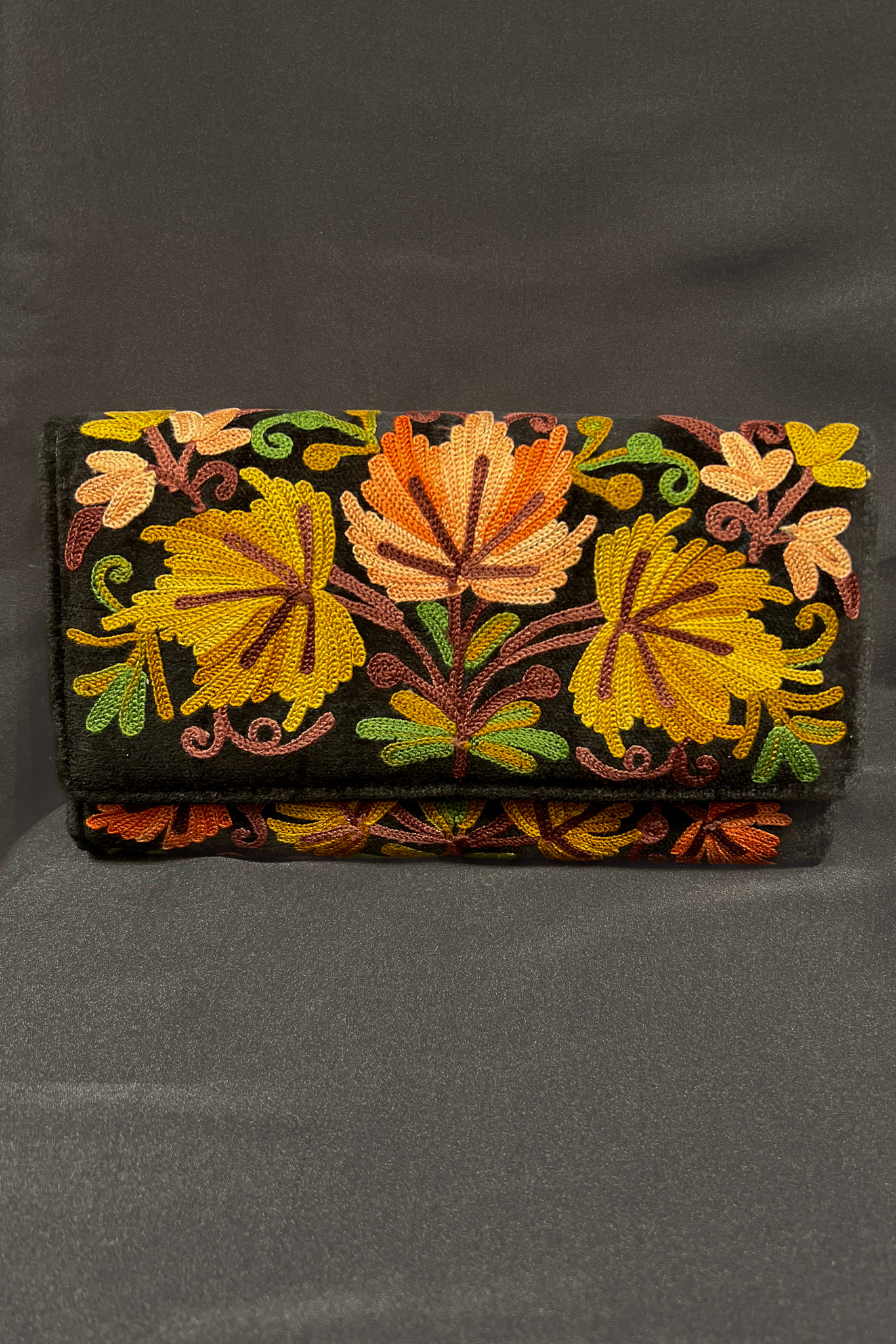 Kashmiri Velvet Aari Embroidered Women Black Clutch Bag