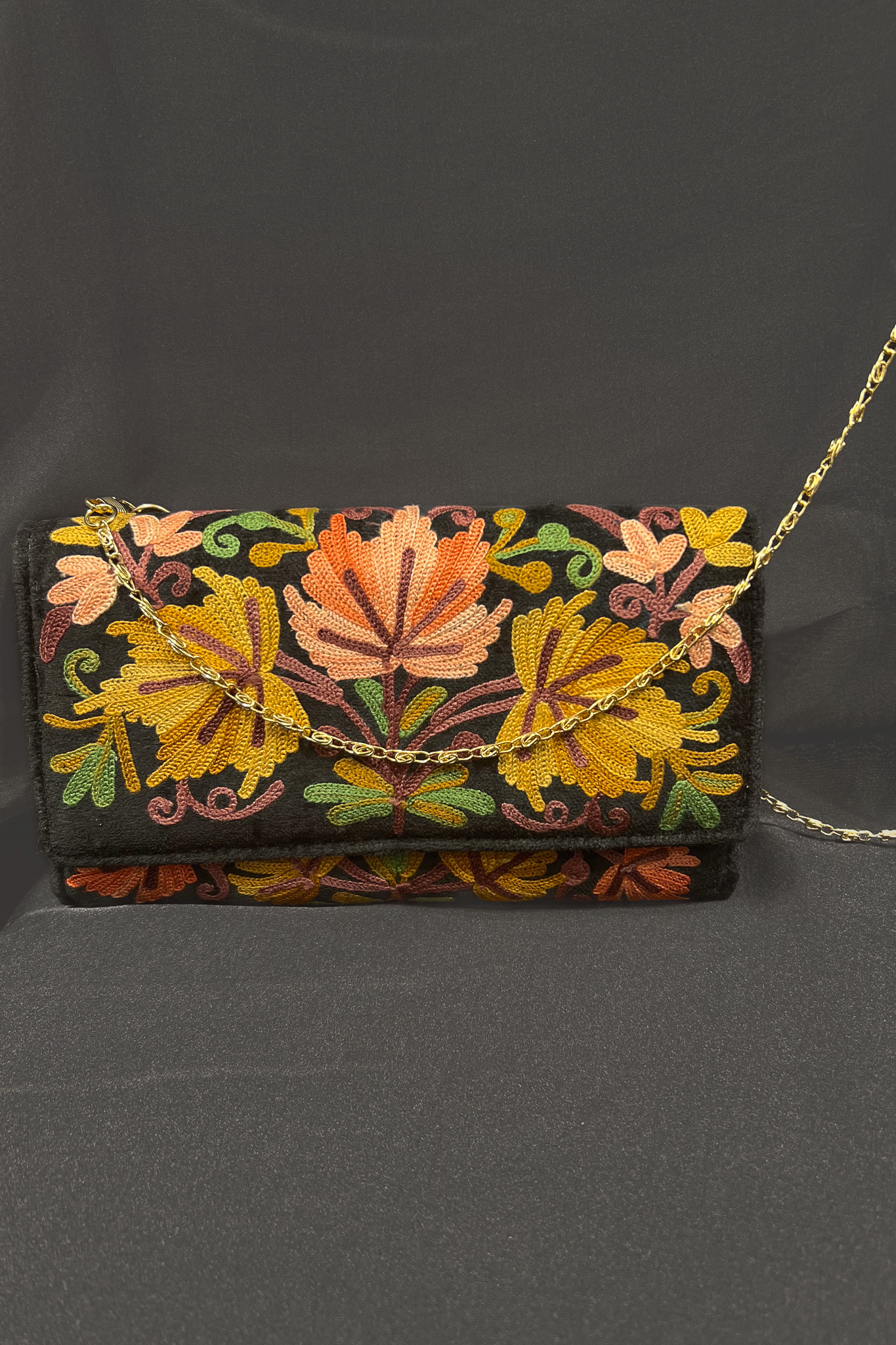 Kashmiri Velvet Aari Embroidered Women Black Clutch Bag