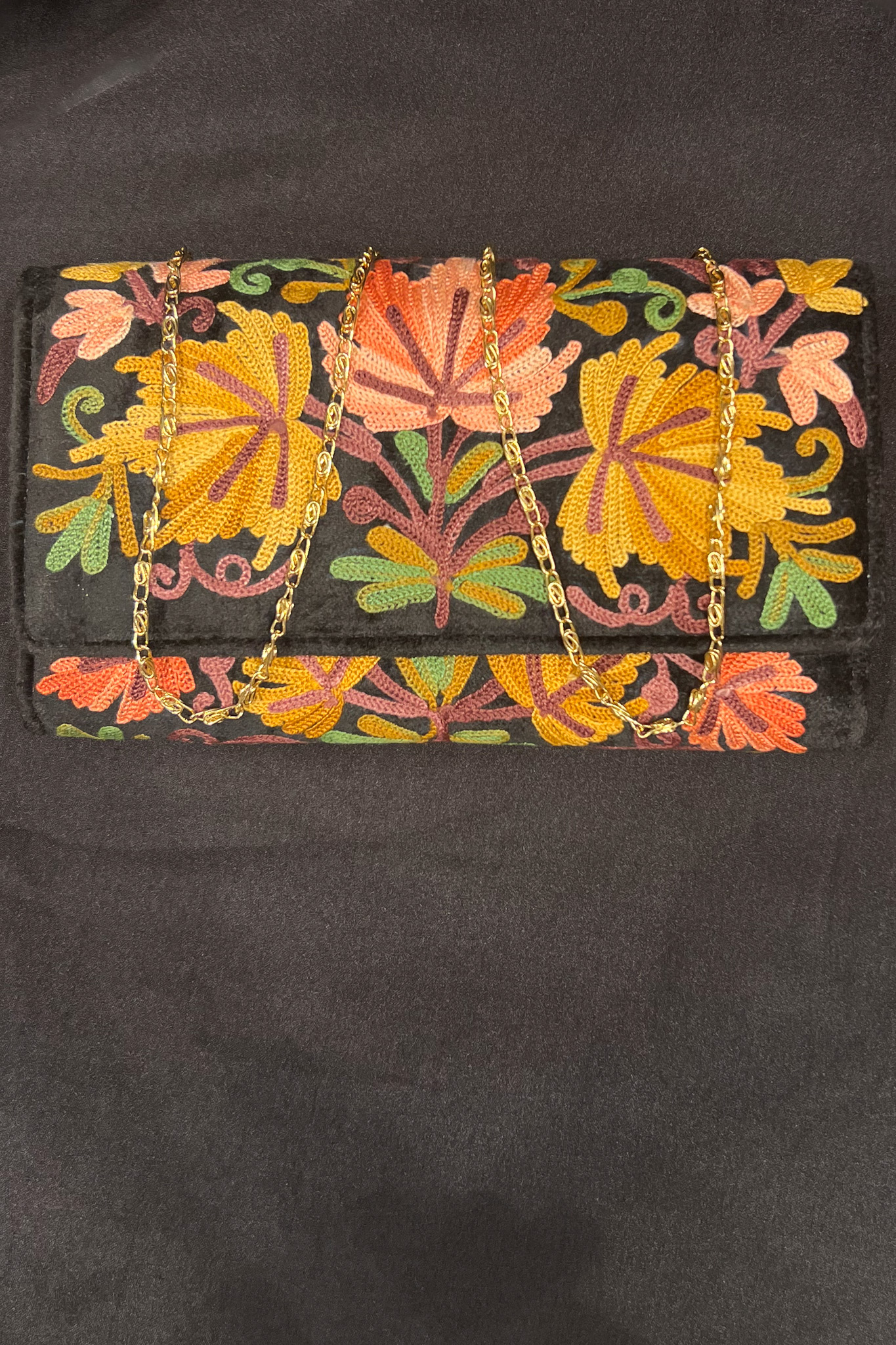 Kashmiri Velvet Aari Embroidered Women Black Clutch Bag