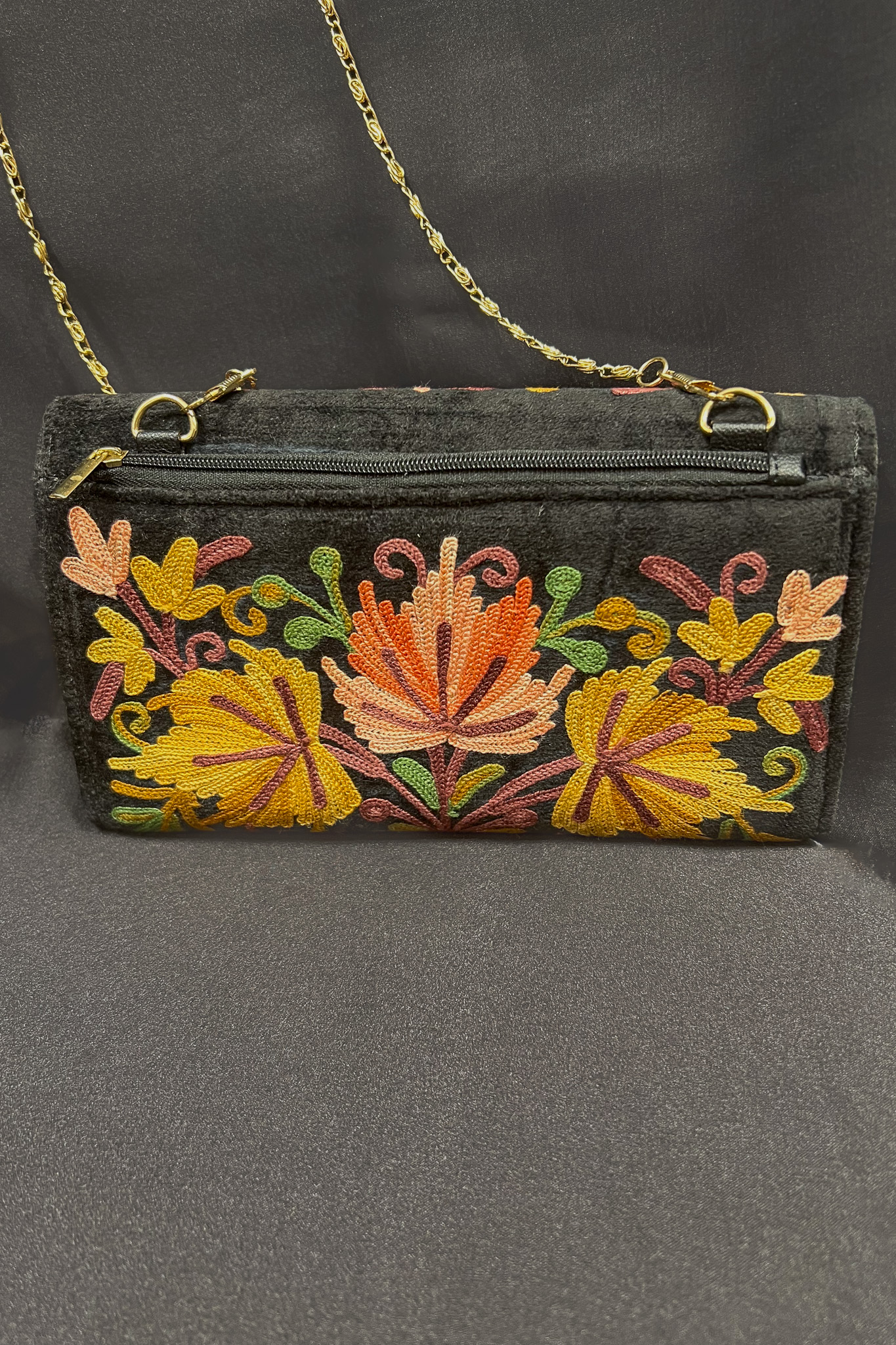 Kashmiri Velvet Aari Embroidered Women Black Clutch Bag