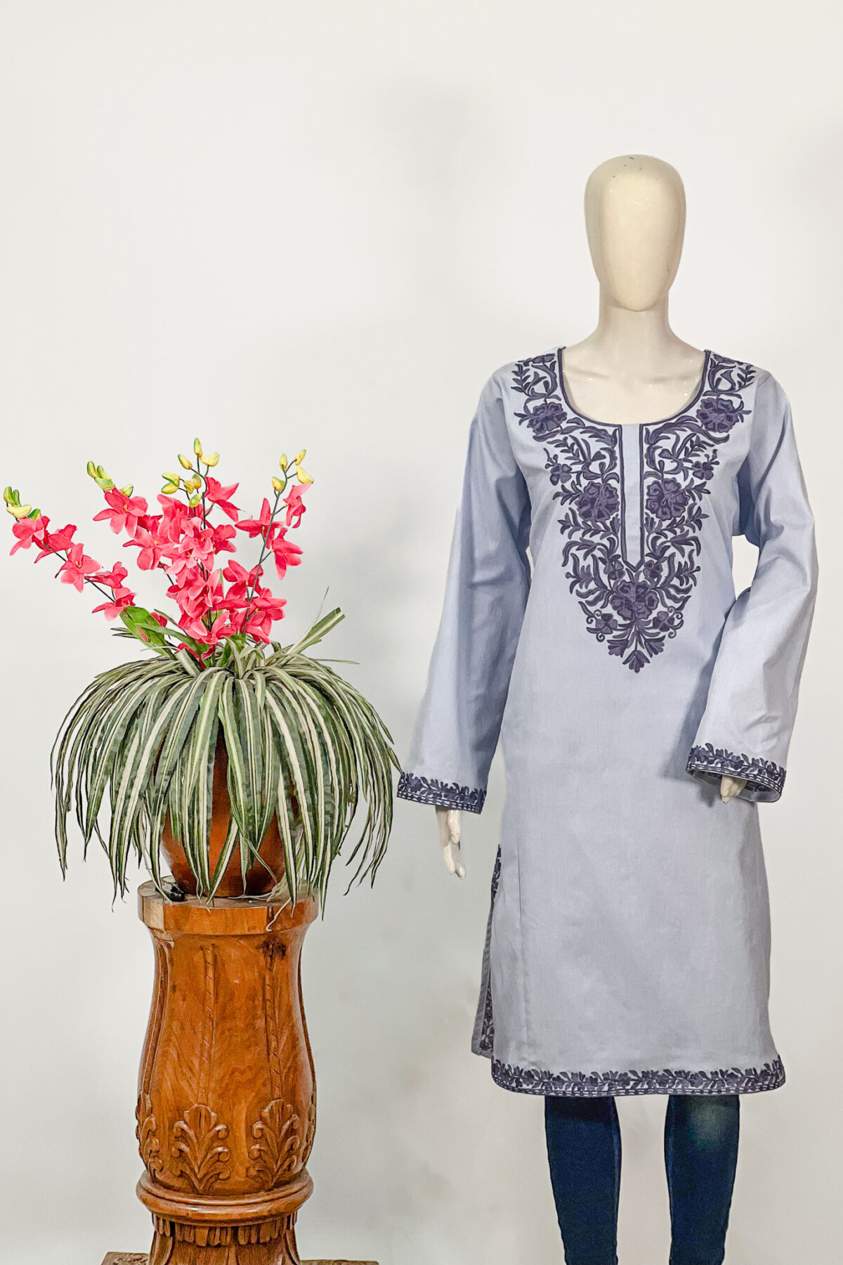 Powder Blue Women Denim Phiran with Aari Embroidery