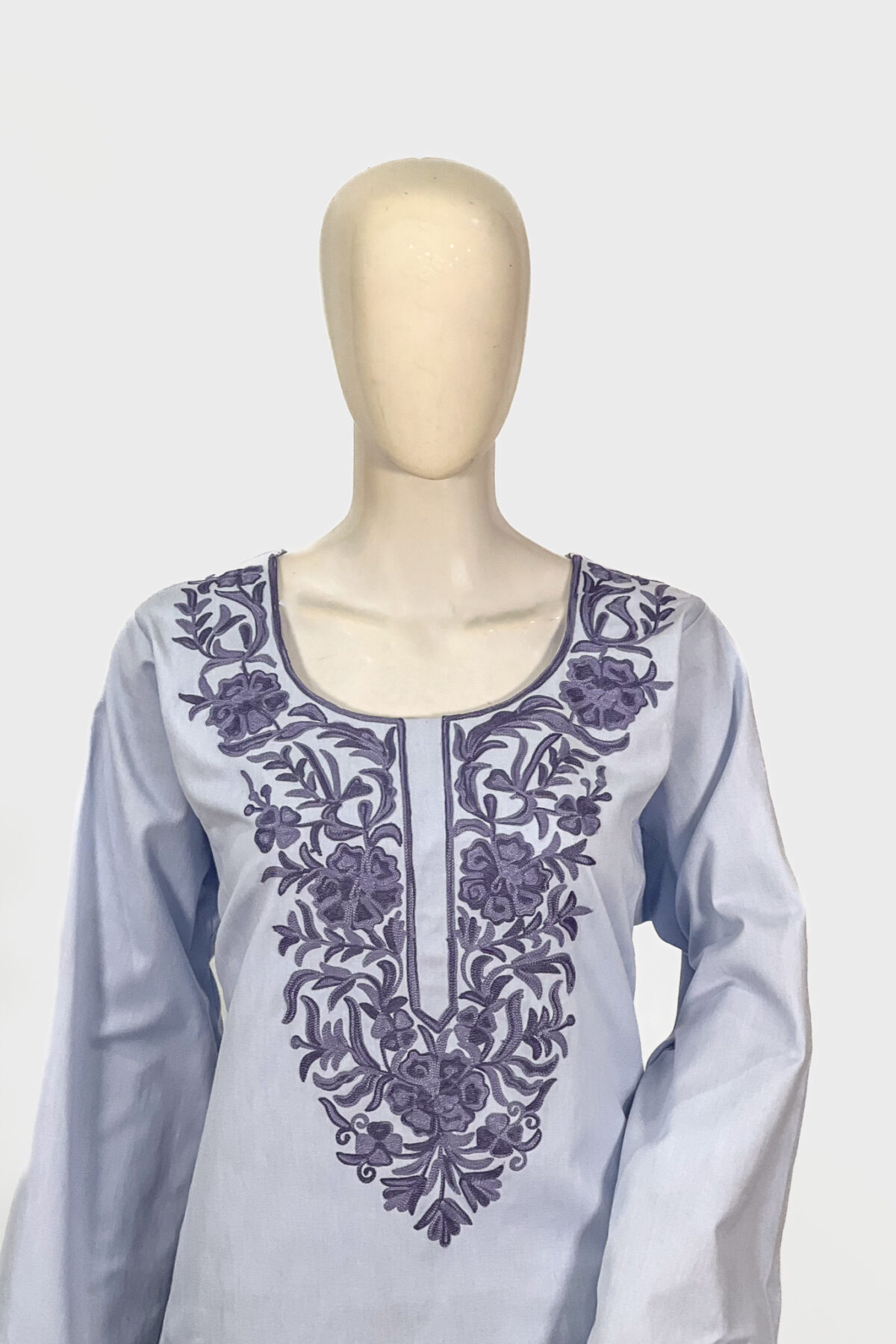 Powder Blue Women Denim Phiran with Aari Embroidery