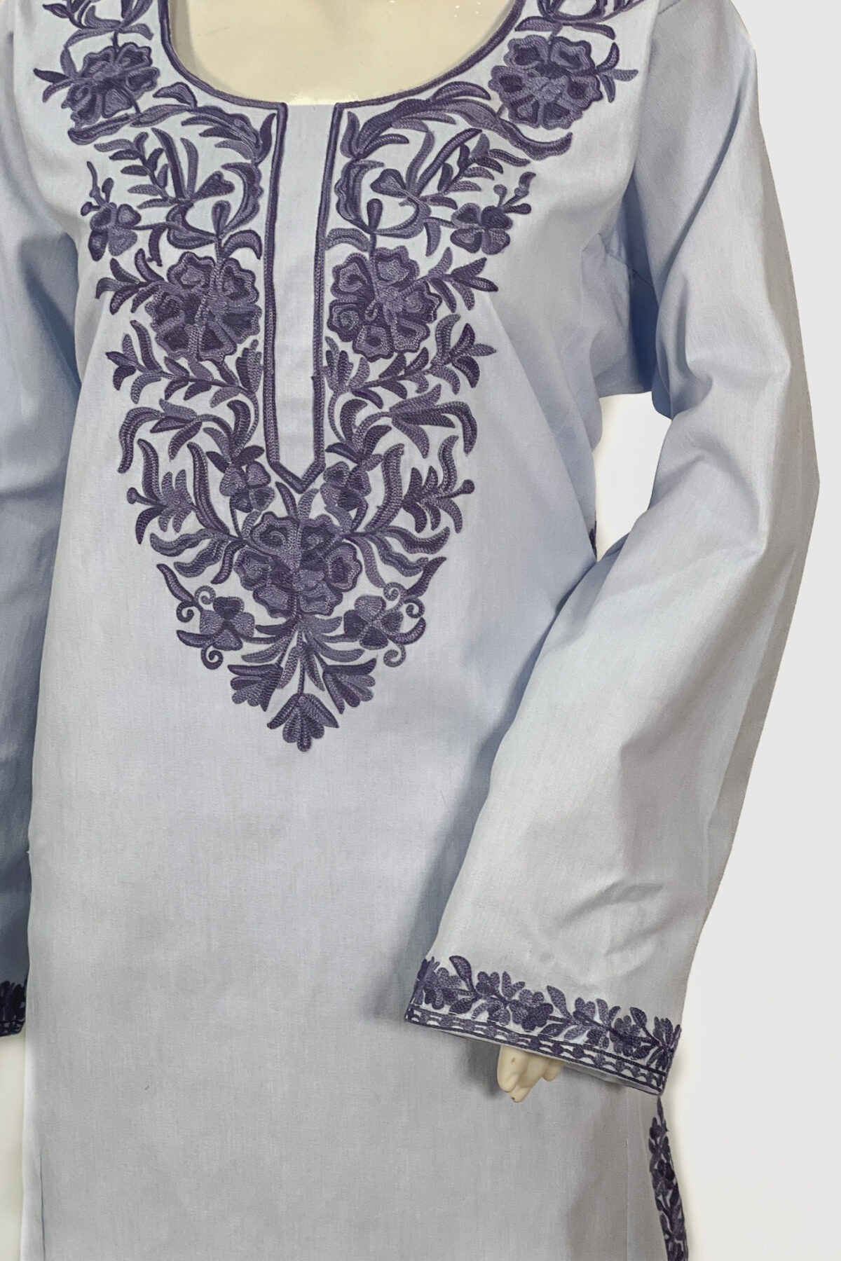 Powder Blue Women Denim Phiran with Aari Embroidery