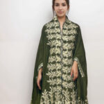 Olive Green Velvet Cape Shawl with Tilla Embroidery