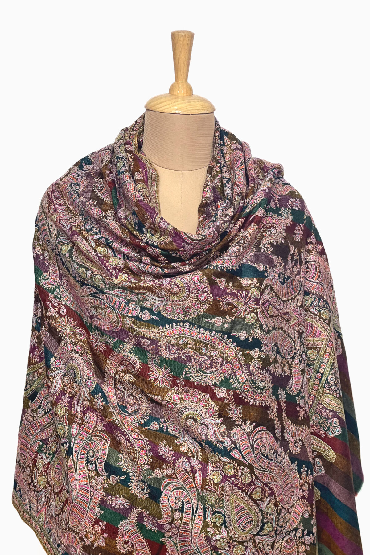 Multi-Color Striped Pure Pashmina Shawl With Sozni Hand Embroidery