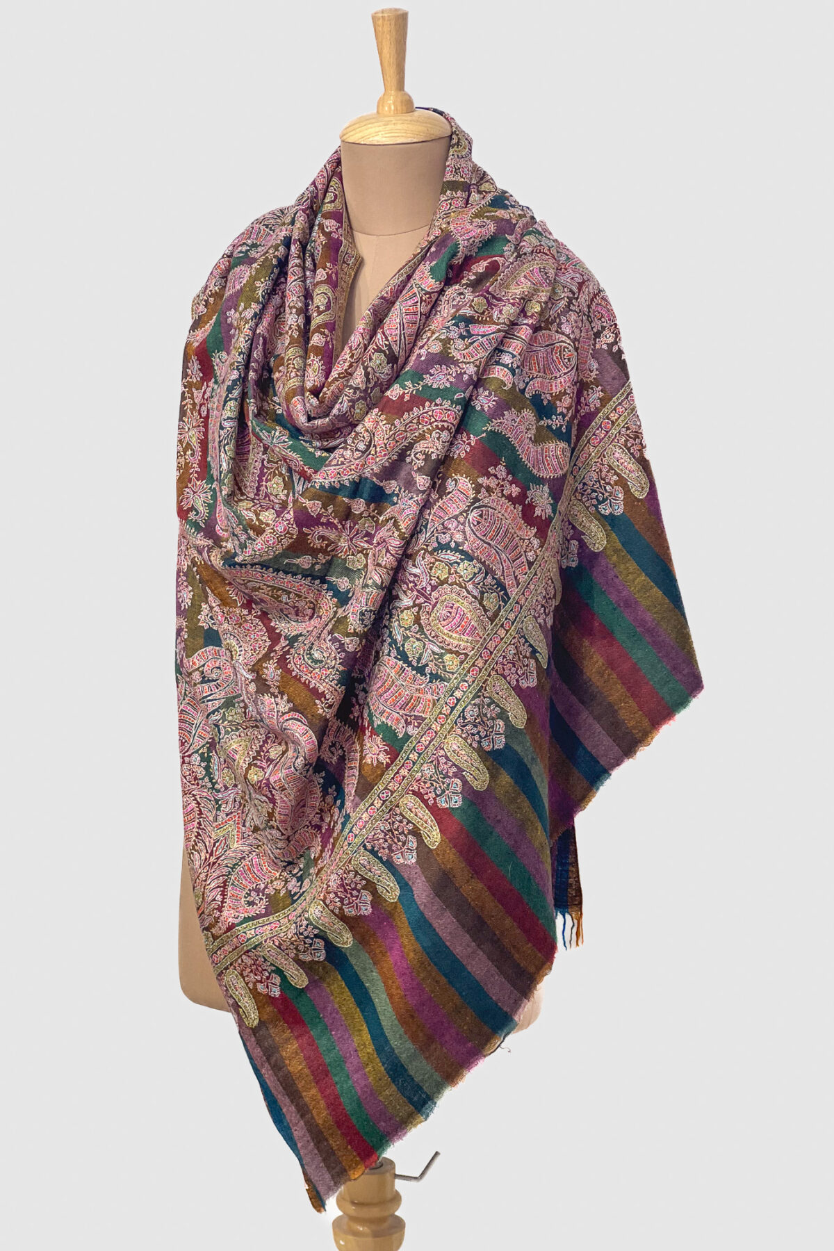 Multi-Color Striped Pure Pashmina Shawl With Sozni Hand Embroidery