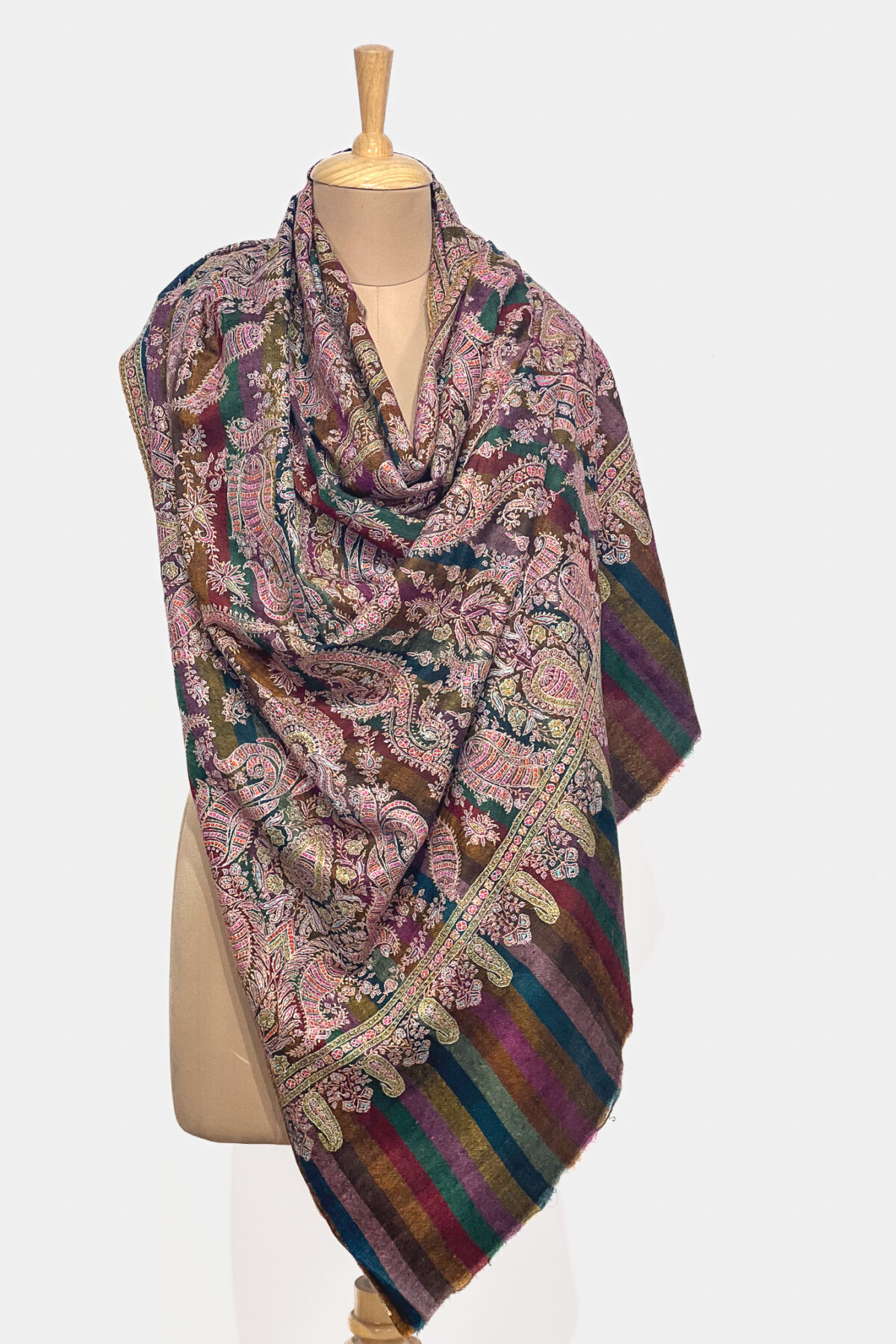 Multi-Color Striped Pure Pashmina Shawl With Sozni Hand Embroidery