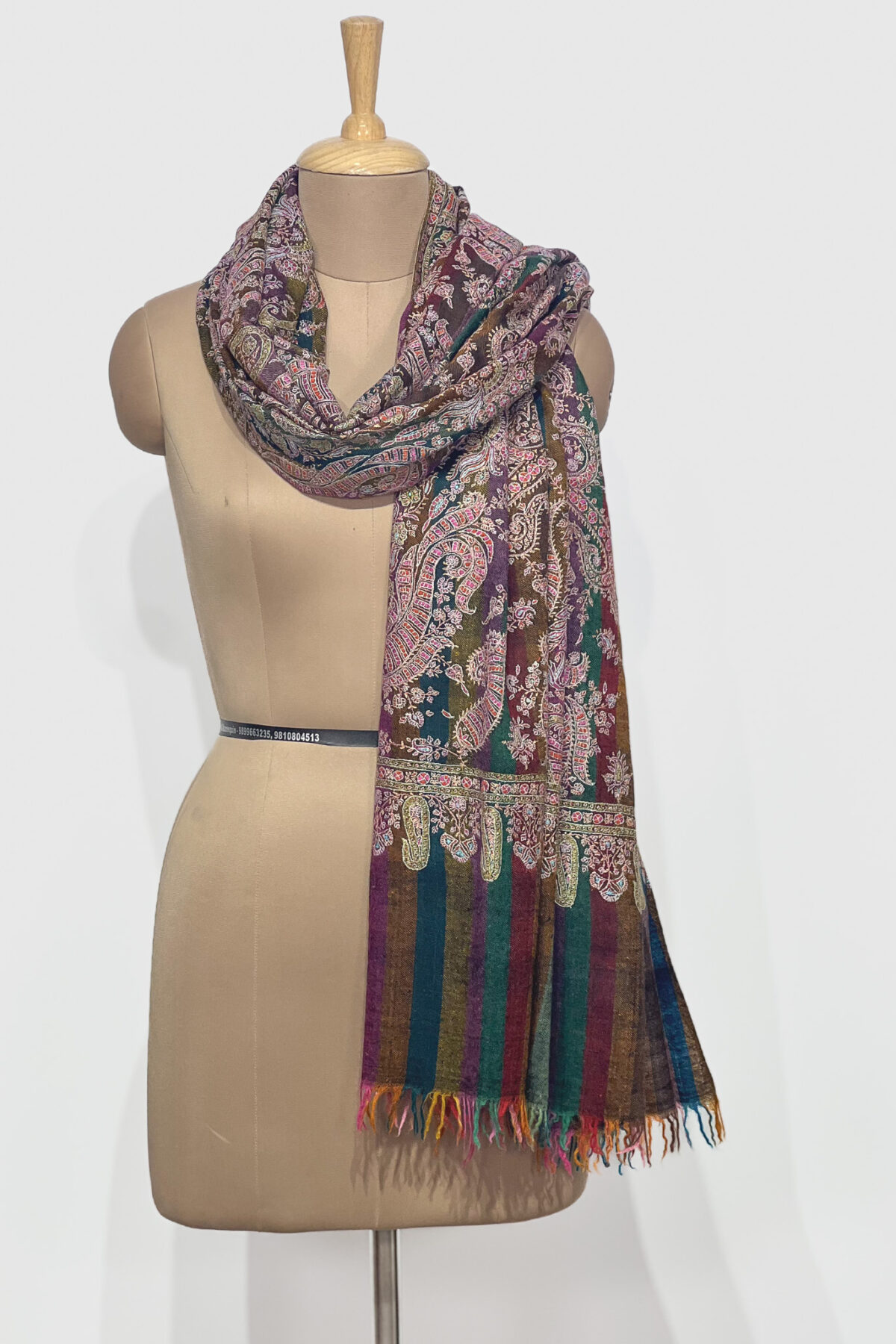 Multi-Color Striped Pure Pashmina Shawl With Sozni Hand Embroidery
