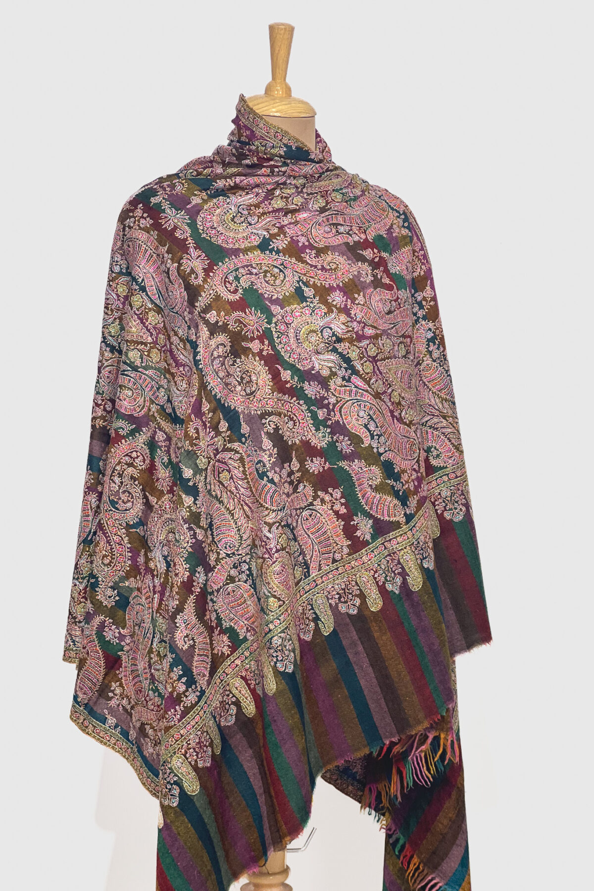 Multi-Color Striped Pure Pashmina Shawl With Sozni Hand Embroidery