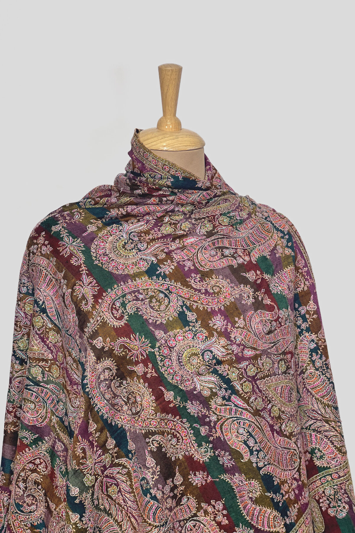 Multi-Color Striped Pure Pashmina Shawl With Sozni Hand Embroidery