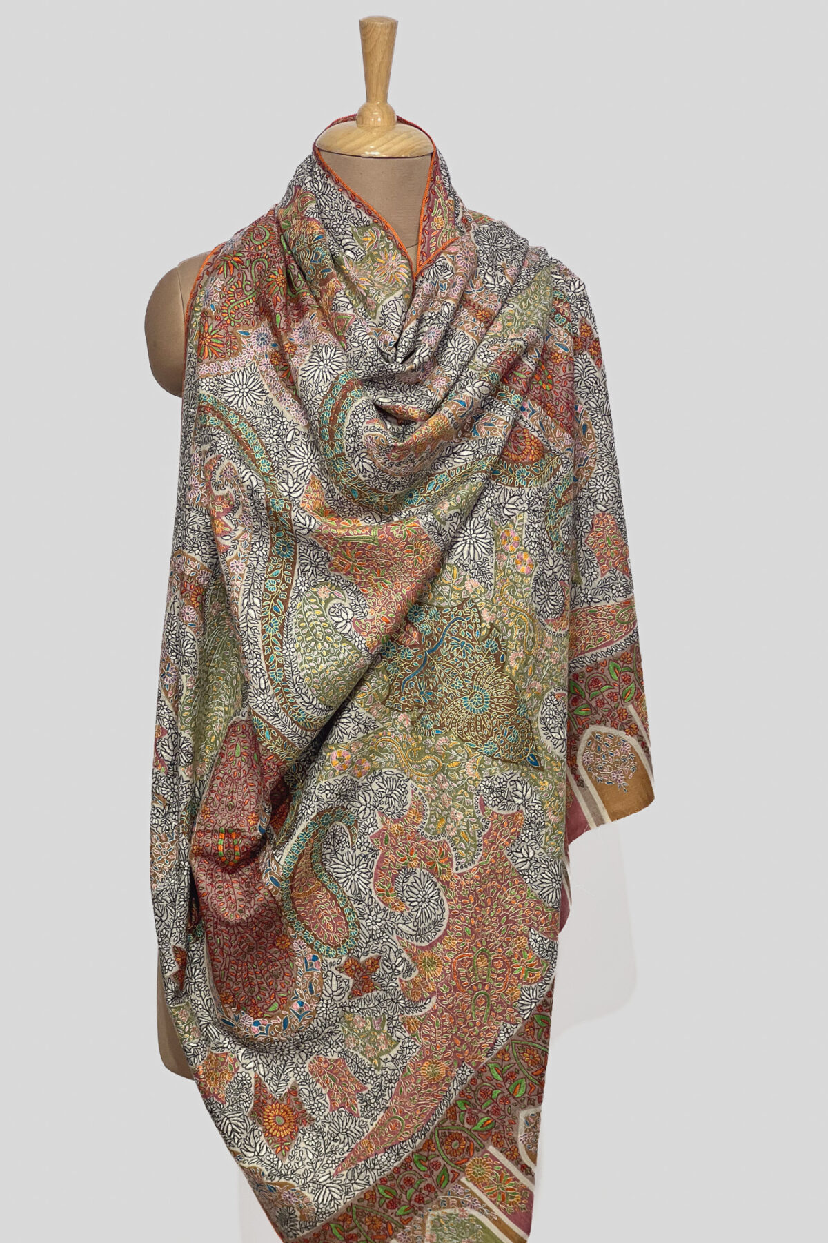 Multi-Color Pure Pashmina Shawl with Kalamkari Hand Embroidery