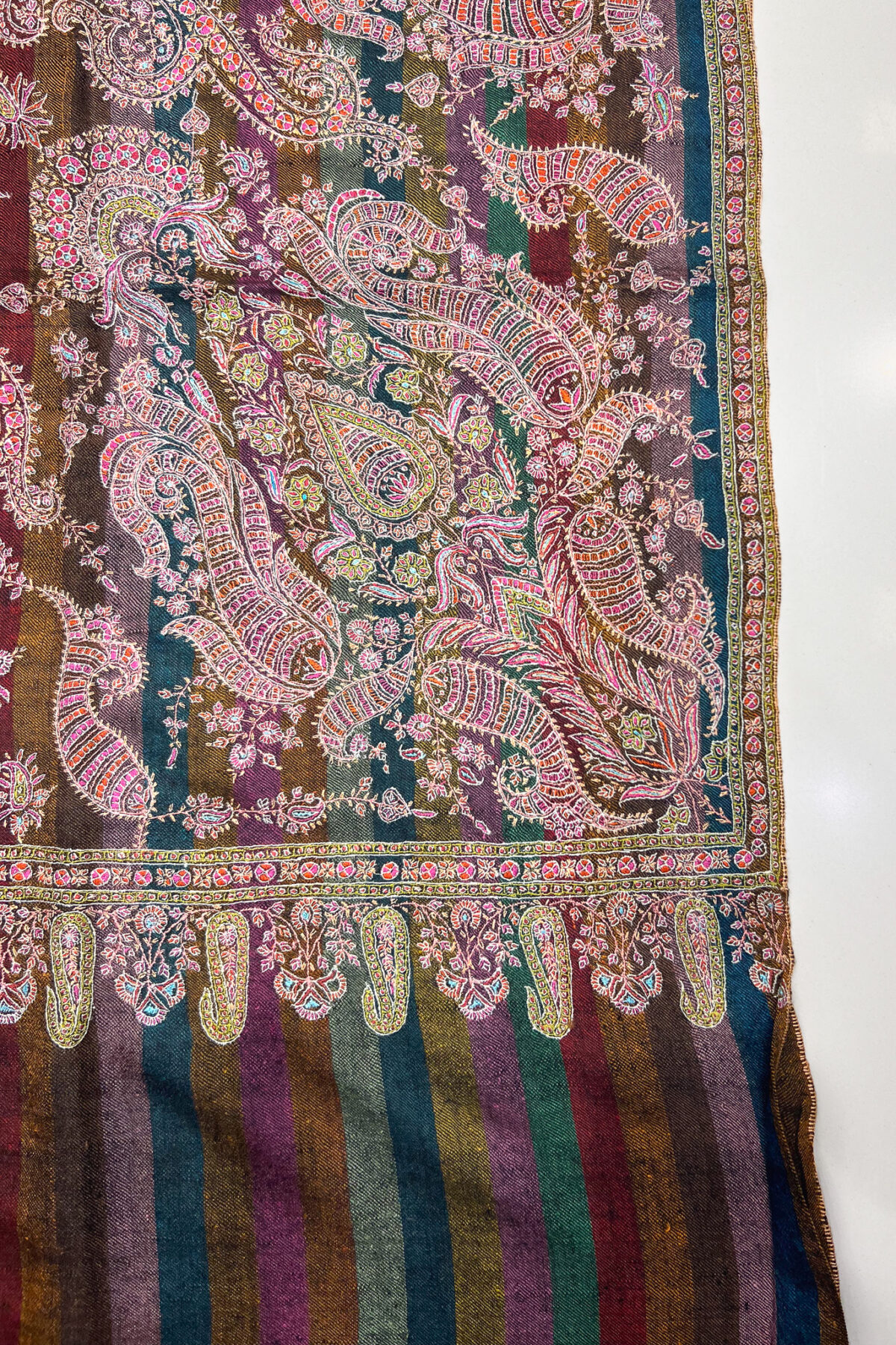 Multi-Color Striped Pure Pashmina Shawl With Sozni Hand Embroidery