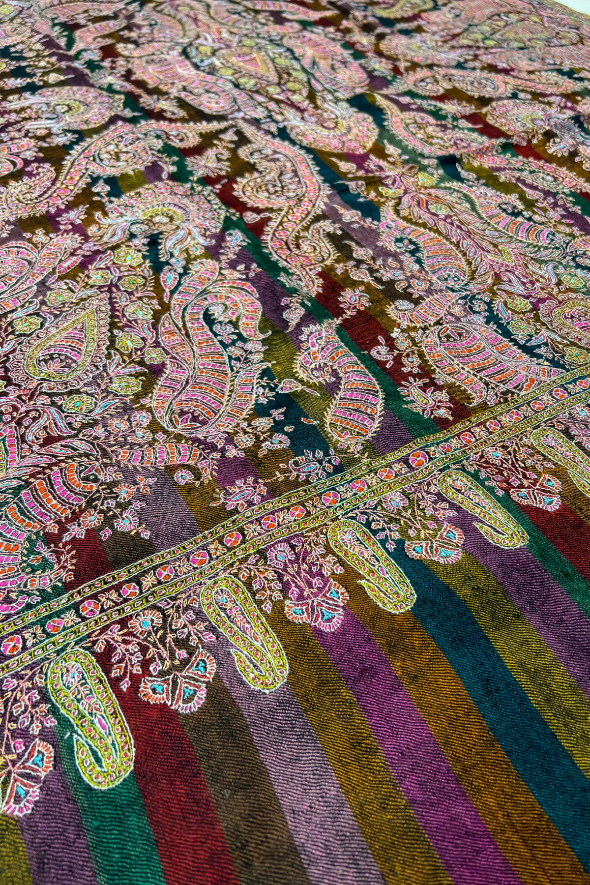 Multi-Color Striped Pure Pashmina Shawl With Sozni Hand Embroidery