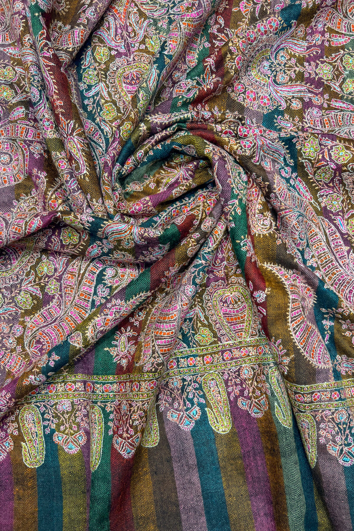 Multi-Color Striped Pure Pashmina Shawl With Sozni Hand Embroidery